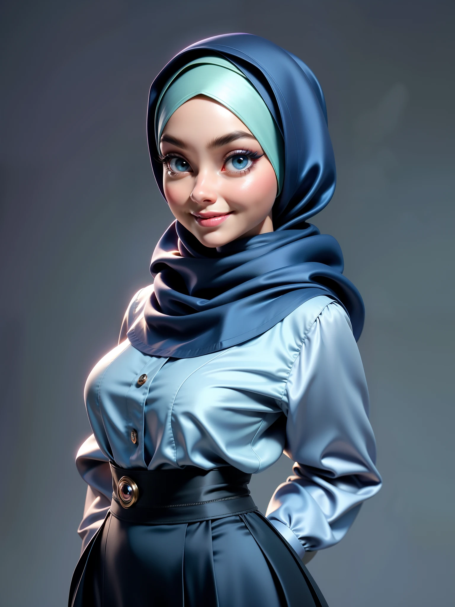 3dmm style, Masterpiece, realistic, best quality, best lighting, beautiful mature Czech woman, 1 lady photo solo, beautifully makeup, eyeshadow, Parted Lips, Detailed Eyes, beautiful big eyes, long eye lashes,green eyes, dimples on the cheeks, smile, wearing ((Dark blue satin hijab)), loosely tide hijab style, ((gray satin shirt and satin long skirt)), ((front view)), (close up portrait), front view, standing straight, facing the viewer.، warm smile