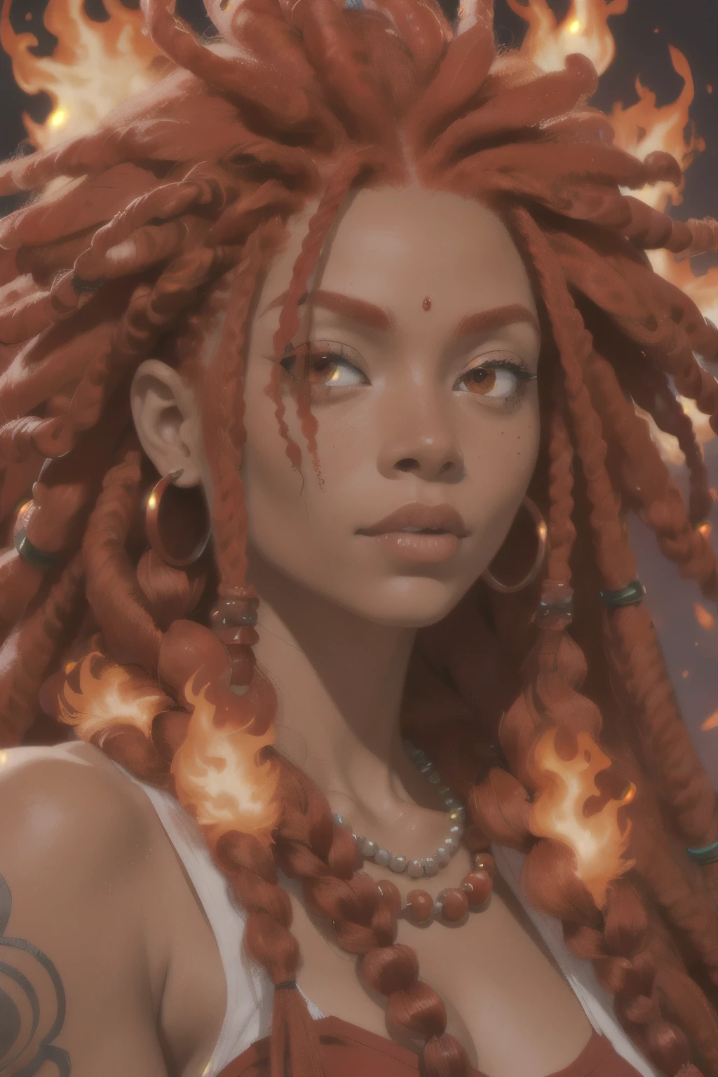 a close up of a woman with red dreads and a necklace, dreadlock breed hair, red afro dreadlocks on fire, red haired young woman, short dreadlocks with beads, long braided orange red hair, ankh, woman with red hair, zora, braided beard redhead dreadlocks, feathery red hair, her hair is made out of fire, rasta