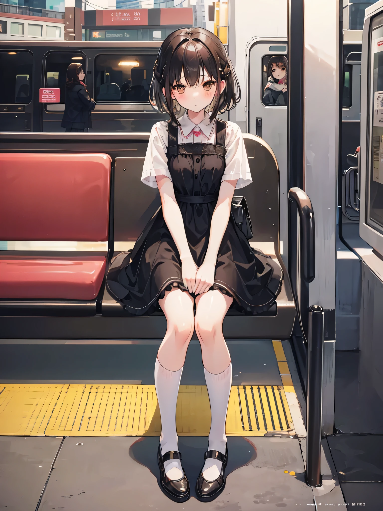 "(masterpiece, High resolution, Ultra High resolution, 4K) Black Hair, 14 year old Japanese girl, Uniform skirt,Cosplay 2B Nier , Accentuate your thighs, White thighs, Soft thighs, Glossy thighs, Sitting on a train, Facing angle, (Angle from below),sitting in a train seat,Sit in front,Zoom camera on crotch,Put your feet on the train floor,whole body,Looking down and sleepy,Watch only viewers", Highest quality, 超High resolution, (Realistic:1.4),, High resolution, detailed, RAW Photos, sharp, Nikon D850 film stock photo by Lee Jefferies 4 Kodak Portra 400 camera F1.6 Lenses、Rich colors、Ultra-realistic and lifelike textures、Dramatic lighting、Unreal Engine、Art Station Trends、Cinestar 800, Woman standing next to an alien-like creature, Human-animal hybrids, amazing, Human chimera, Human-like animals, cryptid core, cgsociety 9, Creepy mutant flesh creatures, Necromorph, centipede, junji ito's uzumaki, Snake Woman Hybrid, Creatures of Lovecraft, Quadrupedalal, Quadrupedal, Tudol