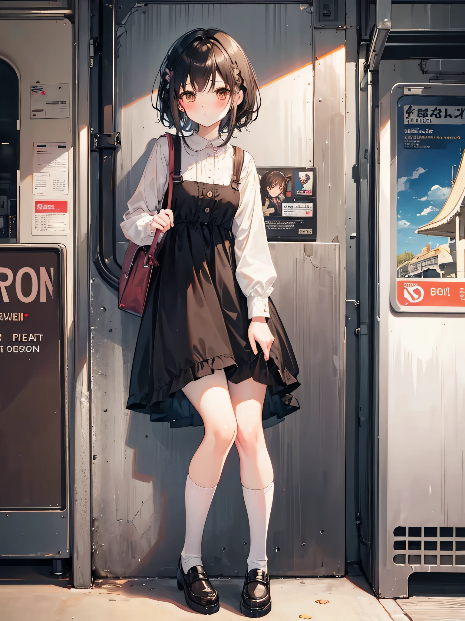 Short black messy hair,brown eyes,Princess dress,blush,medium build,slim girl,White knee-length socks,issue card,Head rope,braid,Waiting in front of the subway station
