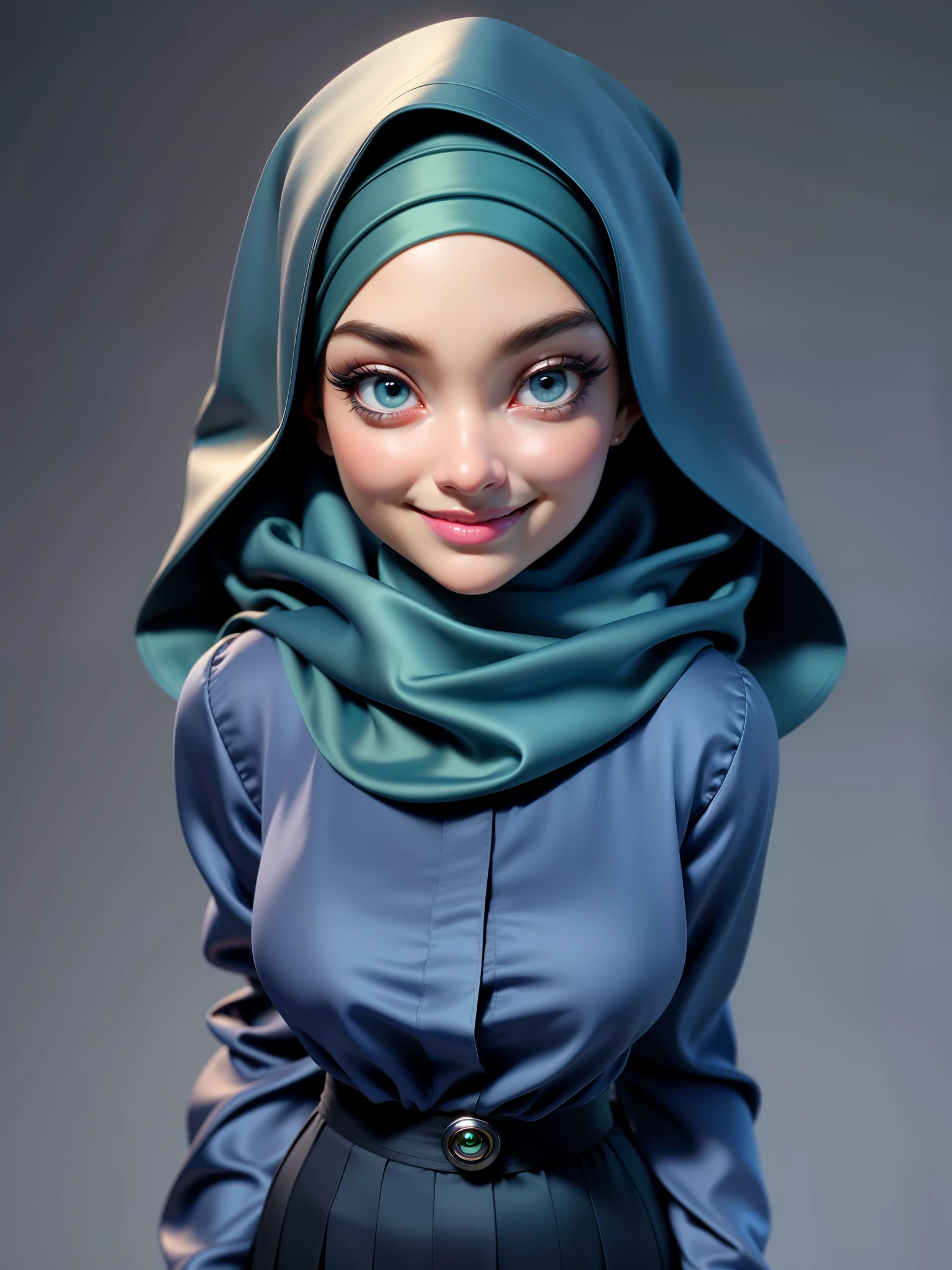 3dmm style, Masterpiece, realistic, best quality, best lighting, beautiful mature Czech woman, 1 lady  photo solo, beautifully makeup, eyeshadow, Parted Lips, Detailed Eyes, beautiful big eyes, long eye lashes,green eyes, dimples on the cheeks, smile, wearing ((Dark blue satin hijab)), loosely tide hijab style, ((gray satin shirt and satin long skirt)), ((front view)), (close up portrait), front view, standing straight, facing the viewer.، warm smile 