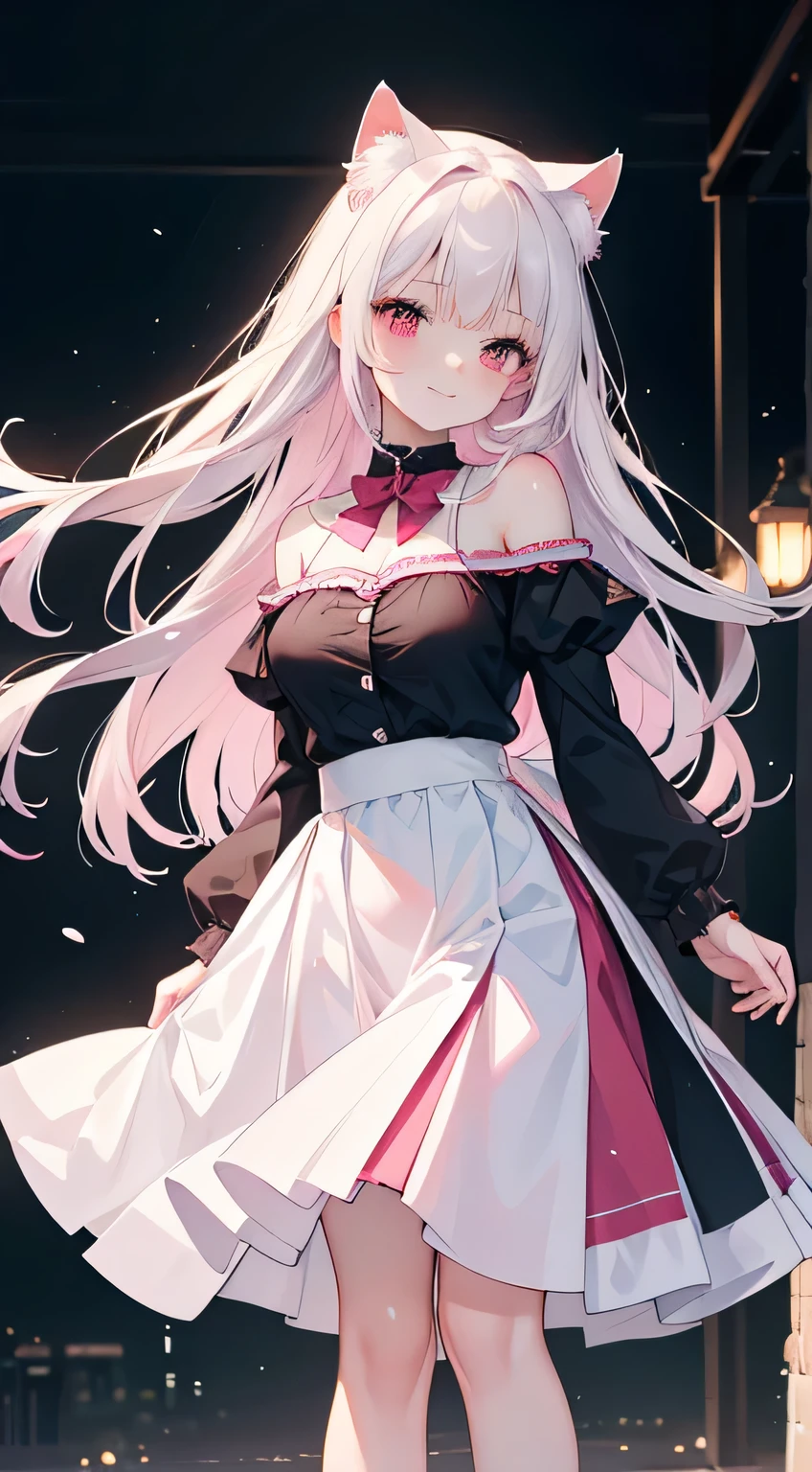 best quality, masterpiece, ultra high resolution, (lifelike:1.4), original photo, 1 girl, take off shoulders，masterpiece, best quality, {best quality}, {{masterpiece}}, {High resolution}, focus, anime style, Cartoon close-up of a woman, girls design, portrait, gisha, anime image, long hair, black hair, Look straight into the eyes, hair covering ears, happy, Polished and powerful look, out of tune, High, freckle, Smile, chic, rich and colorful, beautiful hair color、 beautiful eyes、 beautiful skin、beautiful legs、beautiful arms、perfect fingers、 Very cute，white hair, long hair，white cat ears, white cat tail,best quality，High resolution，top quality，pink bow，slender eyebrows，hair slightly moist，little girl，very young，18 years old，Shy的Smile，Lift up most of the skirt with both hands，Wearing black knee-high socks on the right leg，Wearing white knee socks on left leg，extra large breasts，plump breasts，tall figure，pink bow ，Red eyes，white skirt，Blushed，Shy，凸显extra large breasts，Breasts mostly exposed，Showing big cleavage，Your back is facing me，Show little butt，extra large breasts，exposed breasts，Only a little bit of clothes on the whole body，Dressed in pink Lolita，Skirt has cutouts at the end，The skirt is super short，put hands on legs，pink hair，man soaking in bathtub，The whole body is soaked