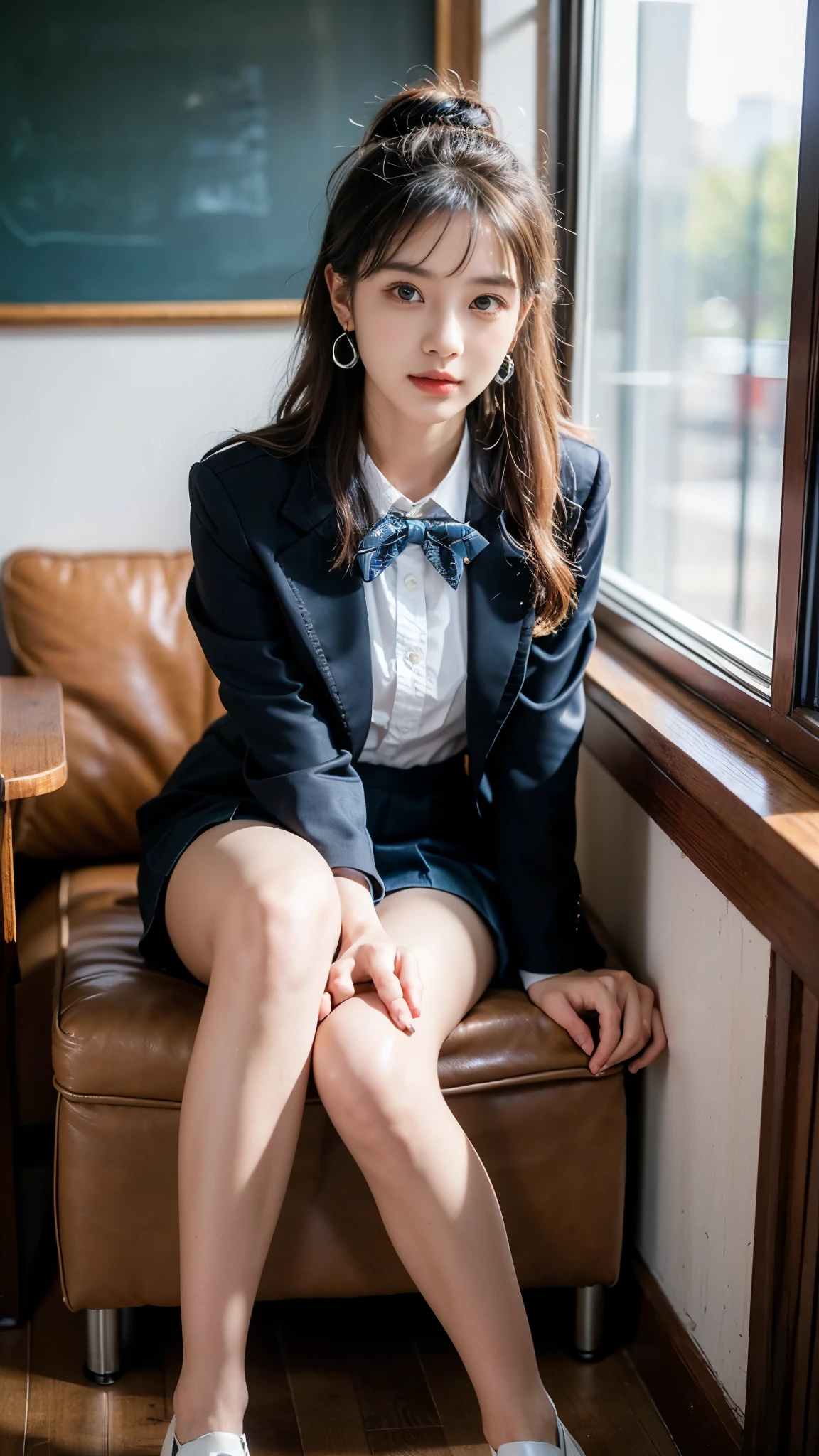 masterpiece, Highest quality, High resolution, Akana, Akana, short hair, beret, Red eyes, Blue hat, Red bow tie, Collared shirt, Blue jacket, Open jacket, Long sleeve, Grey Skirt, Matte black pantyhose、room, Sitting, Crossing your legs, sofa, 16k, realistic