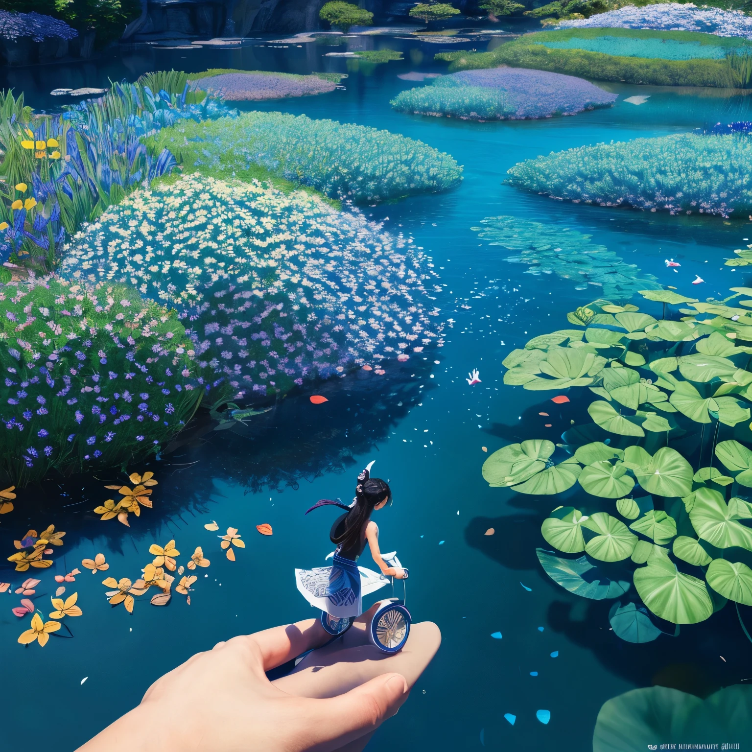 works of art, better quality, (Highly detailed Unity 8K CG wallpaper) (better quality), (best illustrations), (best shadow) nature&#39, blue sea,delicate leaves, Petals of various colors scatter in the air, Tracking Lights, Super detailed ,Riding HONDA Rothmans
