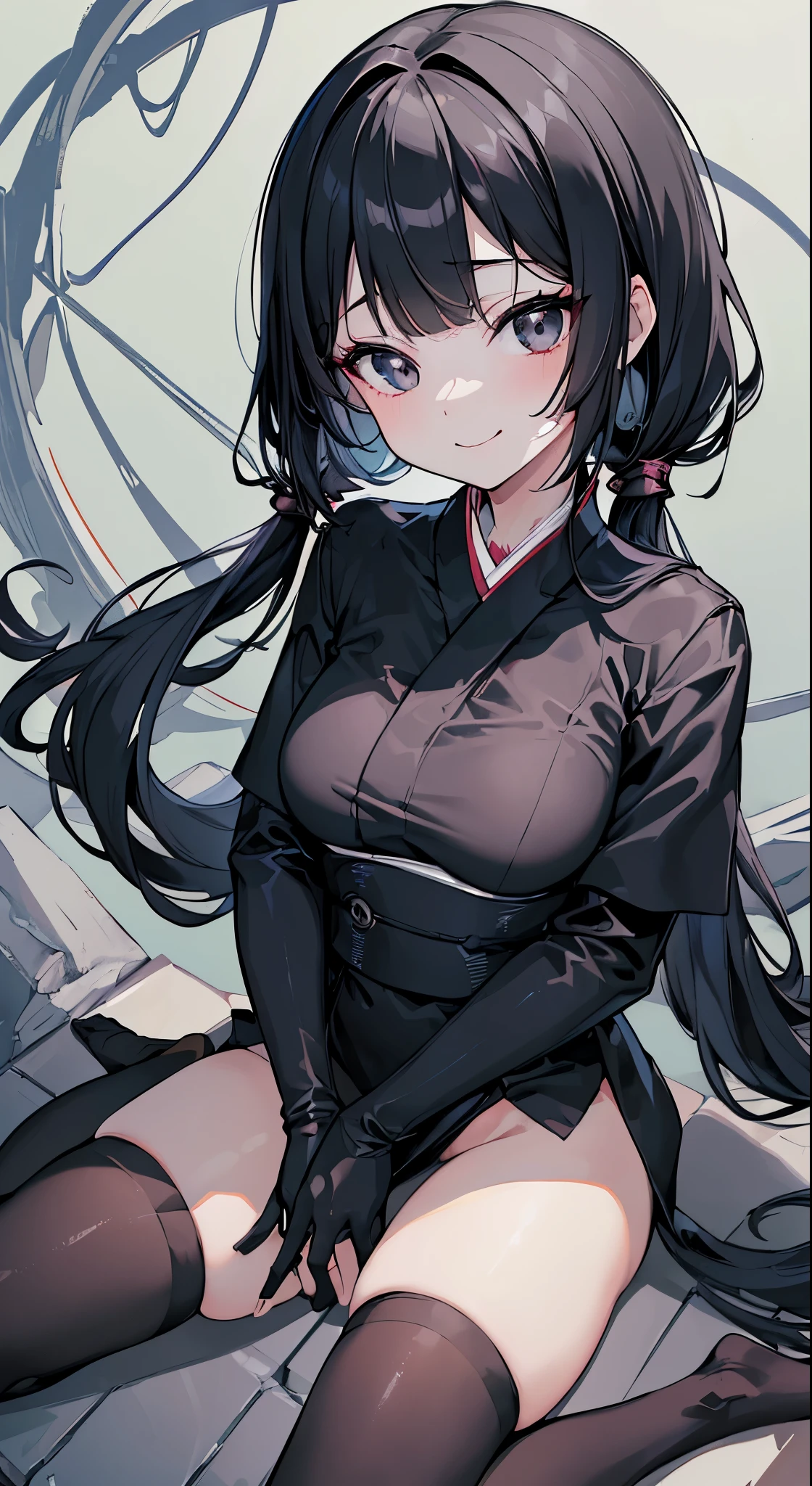 ((masterpiece,highest quality))、Only One Woman、Japanese ninja uniform in black only,black eye,black low pigtails,dull bangs,princess cut,black gloves,smile,delicate hands,anime,figure,Two dimensions,beautiful girl,seiza,remove extra arms,remove extra legs,remove extra fingers,no necklace