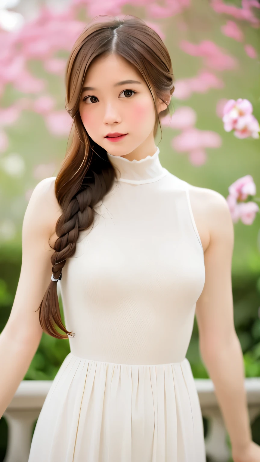 realistic, High resolution, soft light,1 female, 16Year、small breasts、Japanese、alone, waist rises higher, glowing skin, (detailed face),jewelry, brown hair,french braid、white_dress、お洒落なdress、flower garden,(dynamic angle:1.1),wonderful,Soft and warm color palette, delicate brushstrokes, Targeted use of light and shadow, wide shot,The deliciousness of wilted flowers,high contrast,color contrast,Masseter muscle part:1.3