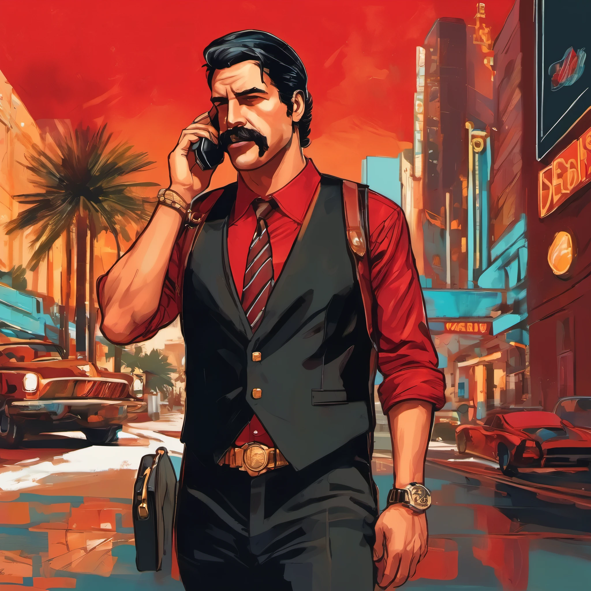 (obra maestra, Mejor calidad:1.2), 1 chico, solo, thenahualli, serious, dangerous man, elegant, black vest, red shirt, caminando, Talking on the phone, he carries a briefcase in his hand, speaking by cell phone, wields a briefcase, paseando por las calles de Las Vegas, Las Vegas