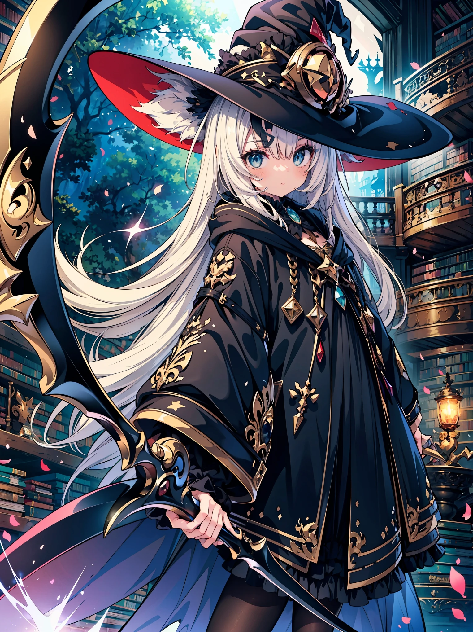 (masterpiece), best quality, highly detailed, A Magus girl with white hair holdding a magical scythe, witch hat, huge horn, frill short skirt, red and black outfit, scythe, magic light, background is library ,libraryai