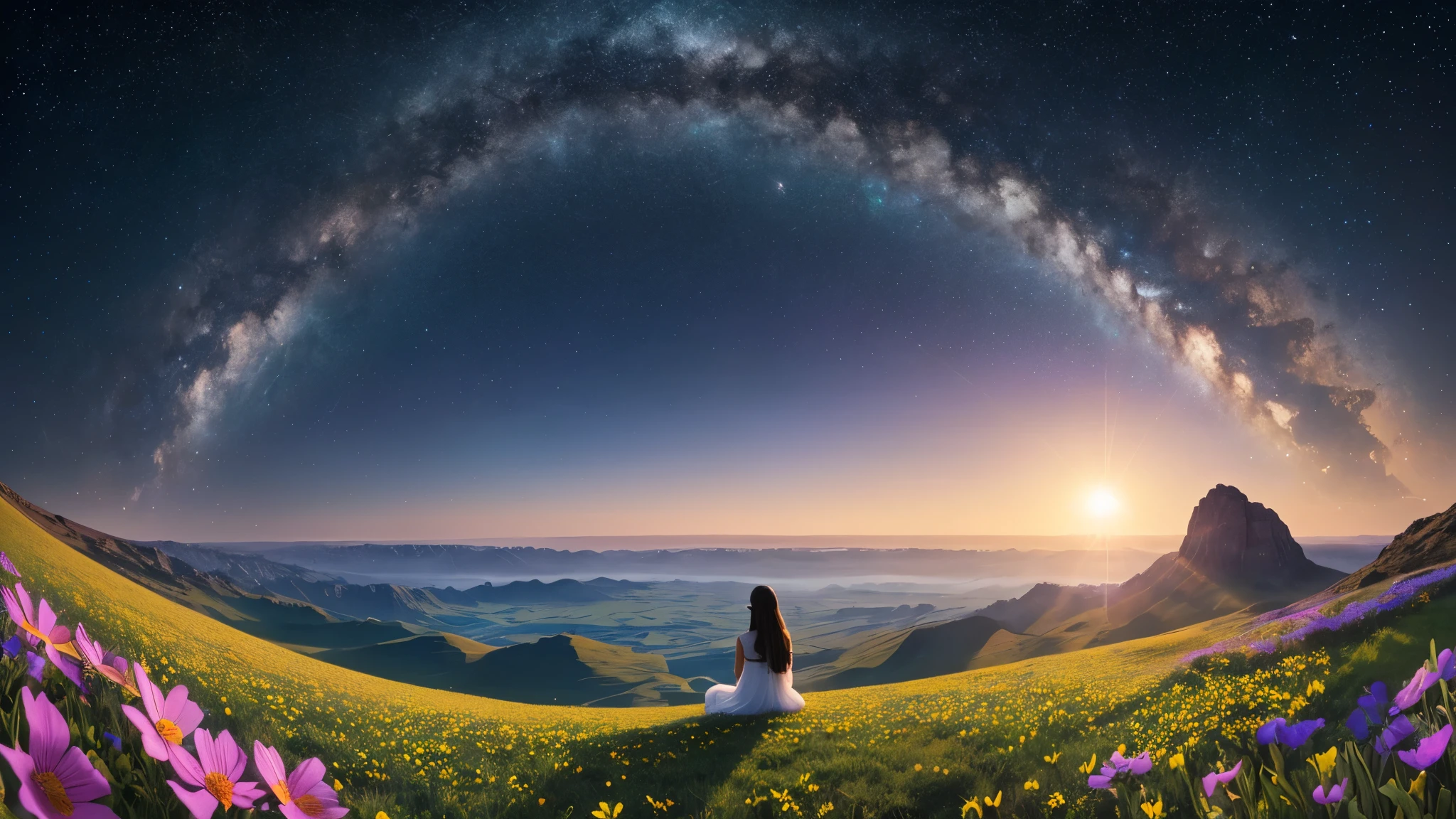 In a breathtaking cinematic scene, the camera pans across the vast expanse of space, filled with twinkling stars and distant galaxies. Amidst this cosmic backdrop, we see Aaradhya, seated gracefully on a lush green grass field, surrounded by a vibrant array of colorful flowers in full bloom. The sunlight bathes the scene in a soft, golden glow, casting gentle shadows and illuminating the delicate petals of the flowers. The camera, set at a wide-angle lens of 24mm, captures the vastness of the celestial landscape, emphasizing the contrast between the ethereal beauty of space and the natural splendor of the earthly setting. As the camera slowly zooms in on Aaradhya, positioned at the center of the frame, her serene expression radiates a sense of tranquility and inner peace. The scene unfolds with a sense of wonder and awe, inviting viewers to immerse themselves in the surreal beauty of this cosmic oasis.