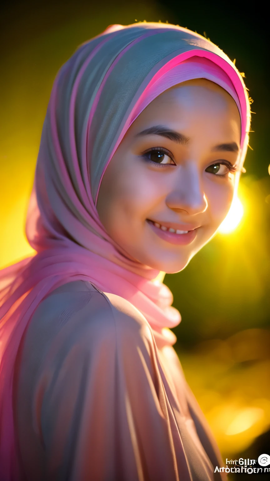 night scene, close up photo of a sexy naked malay girl with hijab, posing, look at a camera and smile, pink pastel hijab, (green eyes:0.8), cute young face, 18 yo, soft volumetric lights, (backlit:1.3), (cinematic:1.3), intricate details, (ArtStation:1.2)