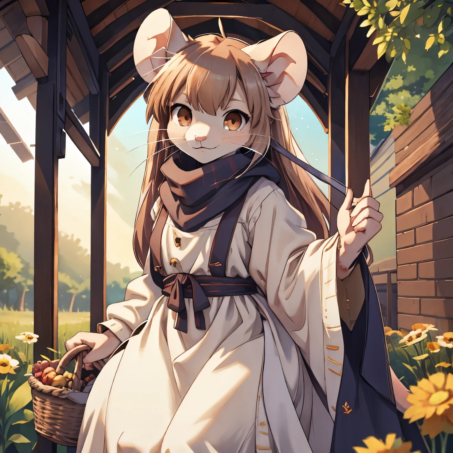 (best quality,4k,8k,highres,masterpiece:1.2),ultra-detailed,rat girl,furry,cute expression,stoic expression,mouse ears,long whiskers,sparkling eyes,pink nose,soft fur,anime style,vibrant colors,warm lighting,brown hair,brown eyes,bangs,long hair,white apron,scarf,dress,garden,farm,harvesting,basket,rimworld ratkin,outside