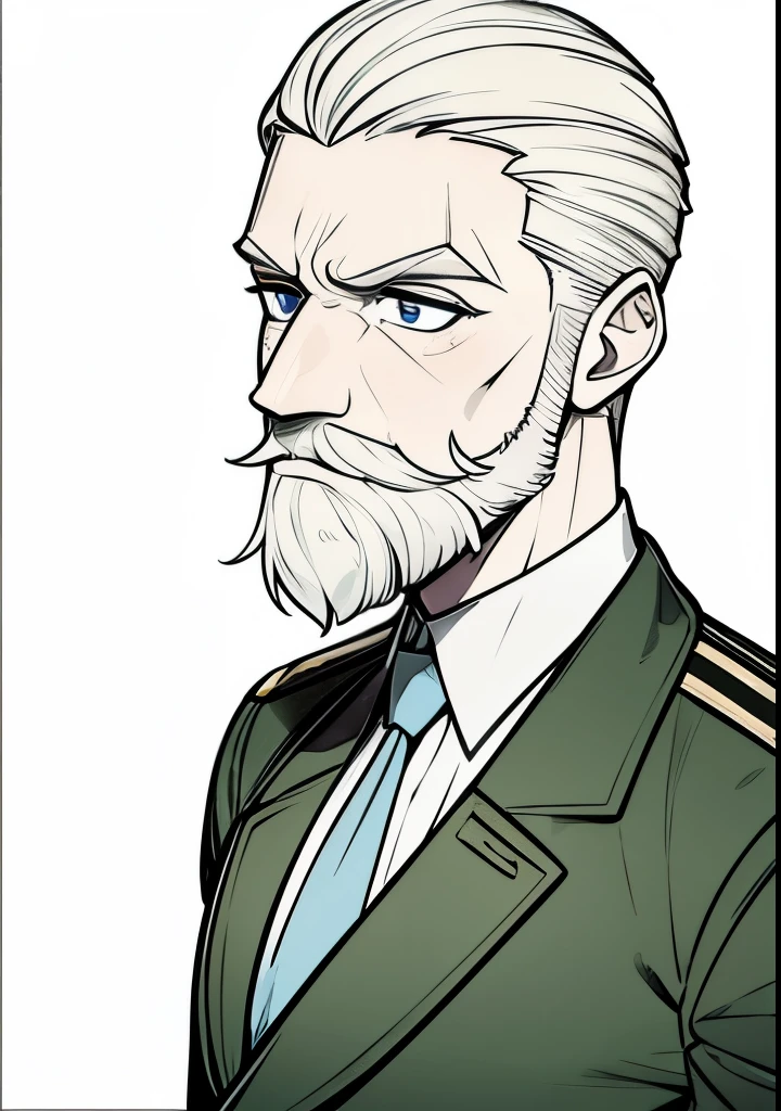 Adult male, white and tender skin, pale blonde slicked back combed short hair, kaisermustache and a ducktail beard, steel blue eyes, green and slightly mature, serious and emotionless facial expression,wearing world war 2 era german fatigues, portrait style, facing forwards