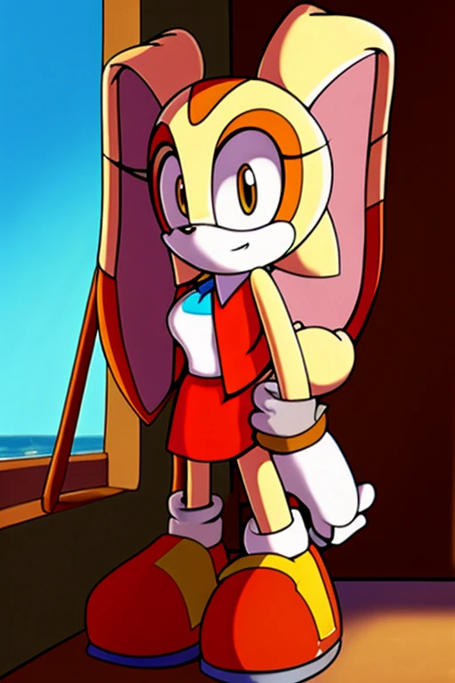 Cream the Rabbit, Busty, cleavage, Ribbed abs, techwear, red vest, white T-Shirt, Red Skirt, Shoes, Shin Guards