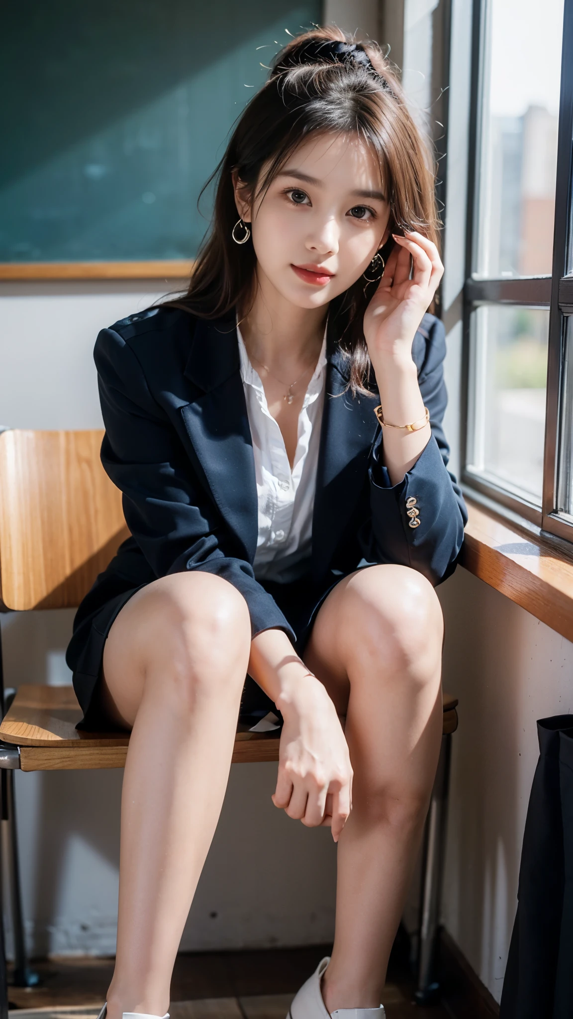 (Pure and cute Chinese college student 1.5), (20 years girl student), 8K, Masterpiece, RAW photo, Best quality, Photorealistic, Extremely detailed CG Unity 8K wallpaper, Depth of field, Cinematic light, Lens flare, Ray tracing, (Extremely beautiful face, Beautiful lips, Beautiful eyes), intricate detail face, ((ultra detailed skin)),(true to life,Photorealistic 1.8),((best qualtiy, 8K, tmasterpiece:1.3)),SLR camera (double eyelid,largeeyes:1.3),(smile1.5),(Full body photo 1.5)(One person 1.5)Clear focus 1.2, Perfect body beauty:1.4 , Delicate skin1.1,(Short silver-white hair 1.6),(Delicate makeup1.4),(Pure desire 1.3)(Black pantyhose 1.5)(The leg length is one meter two,1.5),Hair is slightly curled,Black hair, college uniform, ((Uniform silky blue blazer and silky black Knee length skirt)), Bow knot,silky black knee length Skirt, Slender legs,canvas shoe,With earrings,Wristband jade bracelet,Standing in College Classroom, 4 different poses, black board background, bag in hand, beautiful knees , no need extra legs, no need extra hands, no need extra fingers, do not show panty, do not expose, no need stockings, no need full thighs show.