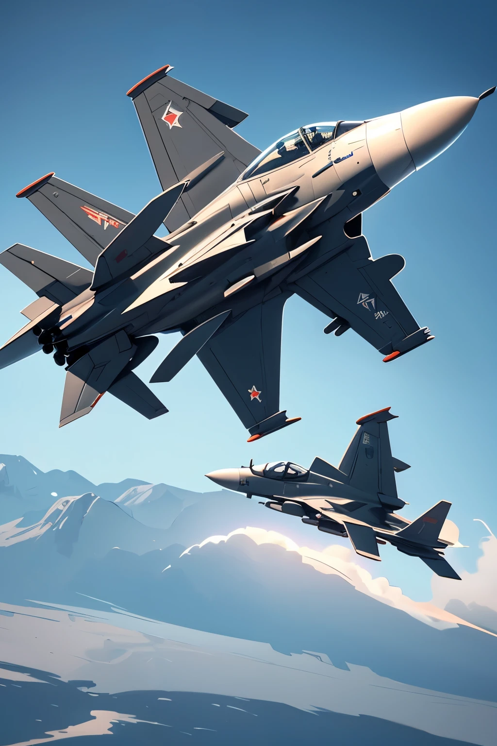 The minimalist logo presentation showcases a fighter jet, prominent against a pristine white backdrop. The jet is positioned laterally, with its wings unfurled, capturing a feeling of motion and intensity. The sleek lines of the jet symbolize its swiftness and agility. A gentle, translucent trail lingers at the jet's rear, representing its swift airborne trajectory. The jet's exterior design features understated yet robust detailing, emphasizing its inherent strength. primarily showcases the hues of metallic gray and black, adding an aura of contemporary sophistication and technological proficiency. Above the jet, the symbolic name or code of its affiliated military squadron is