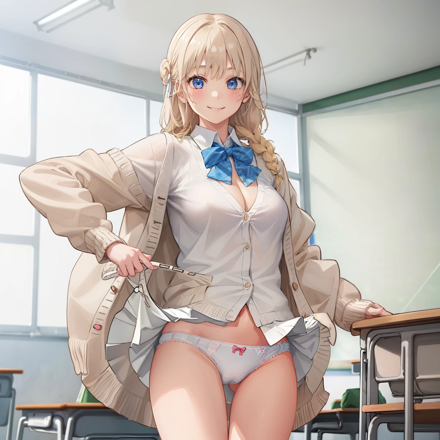 ((1 girl:1.5))、(smile:1.5)、、(cowboy shot)、(fun!!)、(white cardigan:1.5)、(blonde)、blush、(single braid)、(eye highlights:1.3)、blake black shoes,(黒いskirt:1.5)、bow, button, shirt with collar, long sleeve, ((red bow tie, ,, white shirt, チェック柄のskirt:1.5、white socks)),, shirt,, skirt, socks, thighs, white shirt, Rest indoors, ((classroom:1.5))、 BREAK while watching the audience,cowboy shot、(skirtlift:1.3),(highly detailed white panties:1.3)、(highly detailed panties:1.3)、、(skirt that rolls up:1.3)、(fully exposed panties:1.5)、blue eyes