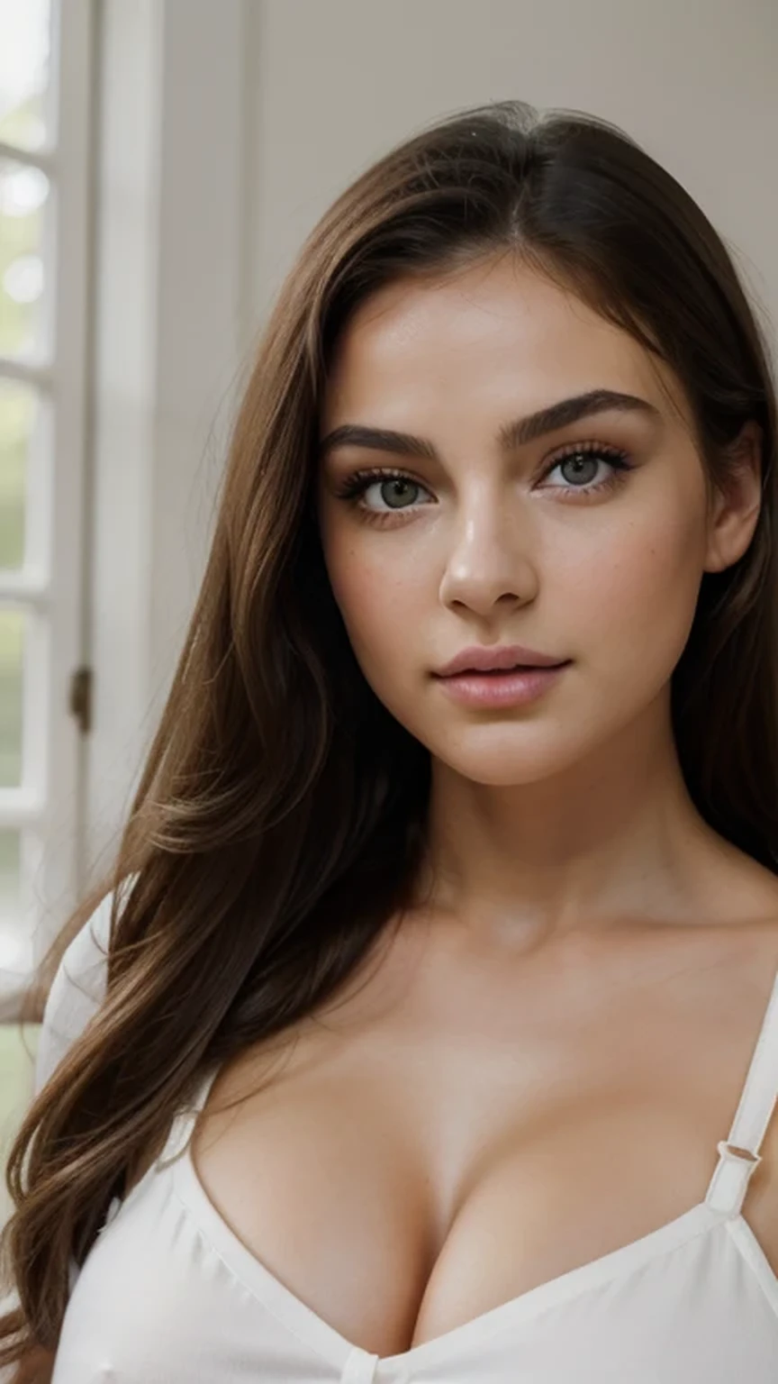 masterpiece, 8k, high resolution, foto realistic, photorealistic, realistic, top quality, photorealistic, RAW, skin texture, film grain, best shadow,(a hyper realistic), best quality, high resolution, extremely detailed, skin with pores, skin texture, texture, soft lighting, photography of a stunning girl, real life, dark brunette hair, long hair, hot girl, (((heavy bust))), green eyes, bright face, super beauty , big lips, plump lips, surgery nose, tiny nose, little nose, magnificent look, looks natural, detailed eyes, looks into the camera, symmetrical face, facing straight ahead, girl, at home, wearing a white top, natural make up, soft light, portrait