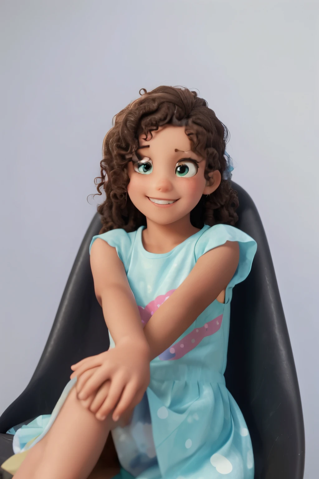 A cute  wearing a blue dress with circles on it, She has side-curly brown hair and medium, bright dark green eyes., she is brown, sorriso lindo