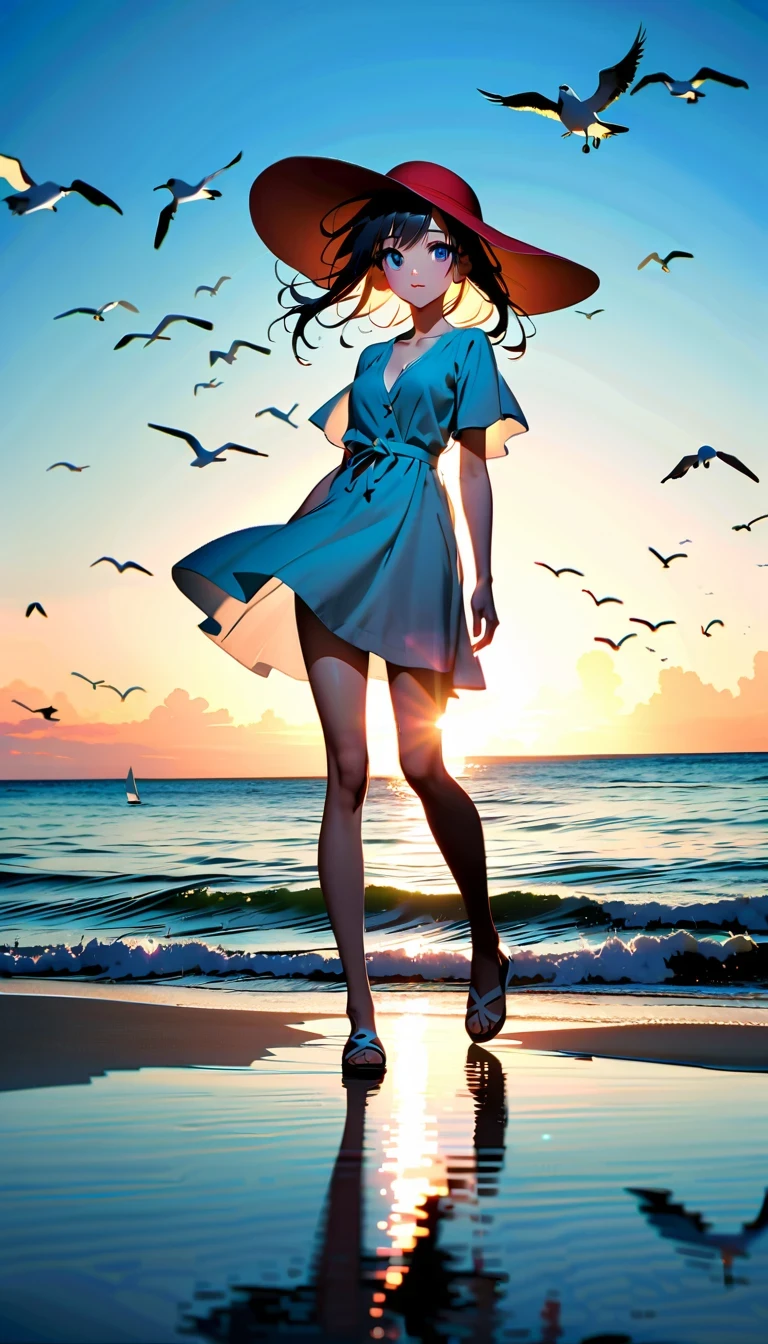 whole body,reflection,Hoshino Katsura style,Anime girl next to sparkling blue sea,Wear a white loose shirt,long eyelashes,beautiful eyes,Exquisite facial features,happy look,messy hair,Beach cap,Seagulls flying,Warm sun exposure,Professional lighting tips,Light and shadow effects