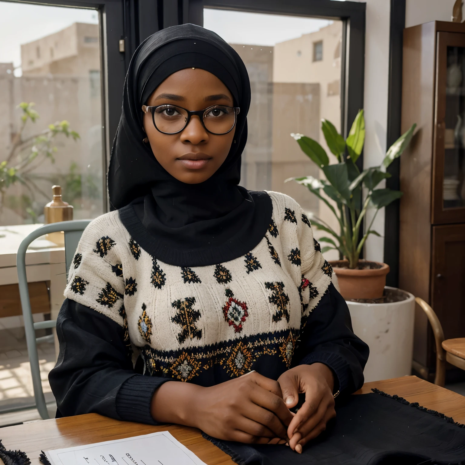 Cute image of A person from northern Nigeria with beautiful Hausa dress wearing a hijab, glasses and a black embroidered you sweater with the letter "A" on it, Leaning against the window. The blurred background reveals an indoor setting with modern furniture, including a table and chairs, and décor items like plants