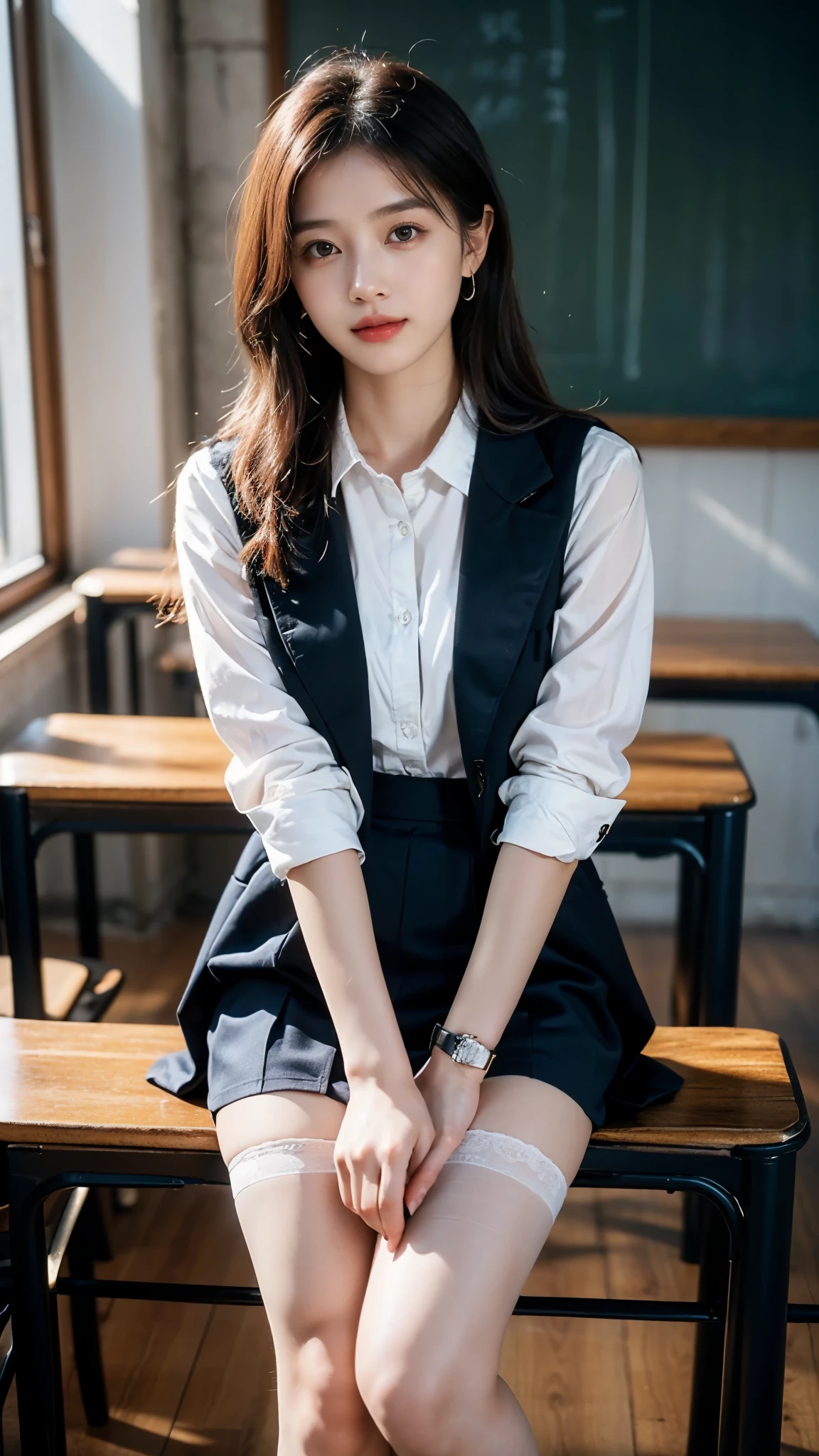 （Pure and cute Chinese college student 1.5）， (20 years girl student), 8K, Masterpiece, RAW photo, Best quality, Photorealistic, Extremely detailed CG Unity 8K wallpaper, Depth of field, Cinematic light, Lens flare, Ray tracing, (Extremely beautiful face, Beautiful lips, Beautiful eyes), intricate detail face, ((ultra detailed skin)),（true to life，Photorealistic 1.8）,((best qualtiy, 8K, tmasterpiece:1.3)),SLR camera (double eyelid，largeeyes:1.3),（smile1.5），（Full body photo 1.5）（One person 1.5）Clear focus 1.2, Perfect body beauty:1.4 , Delicate skin1.1，（Short silver-white hair 1.6），（Delicate makeup1.4），（Pure desire 1.3）(Black pantyhose 1.5)（The leg length is one meter two，1.5），Hair is slightly curled，Black hair, college uniform, ((Uniform silky blue blazer and silky black Knee length skirt)), Bow knot，silky black knee length Skirt, Slender legs，canvas shoe，With earrings，Wristband jade bracelet，Standing in College Classroom, 4 different poses, black board background, bag in hand, beautiful knees , no need extra legs, no need extra hands, no need extra fingers, do not show panty, do not expose, no need stockings, no need full thighs show.