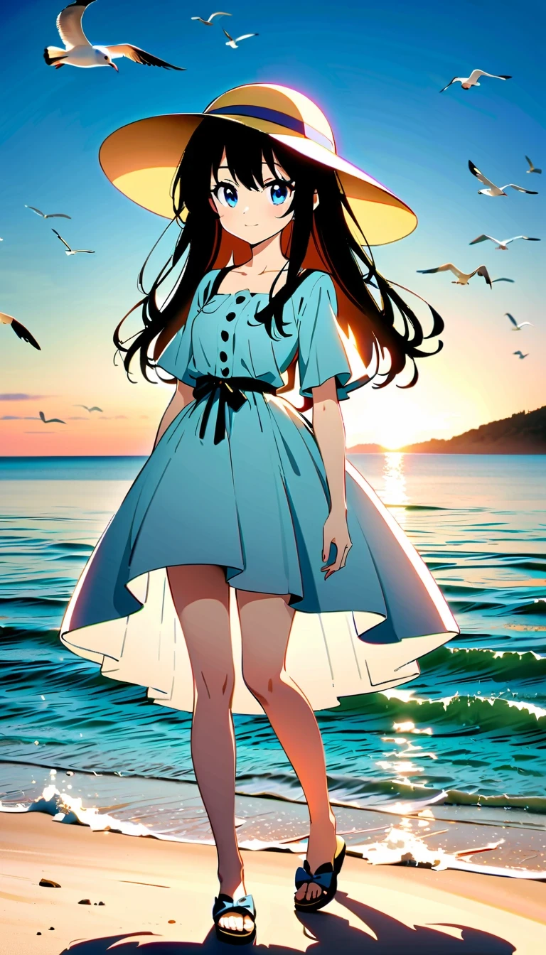 whole body，reflection，Hoshino Katsura style，Anime girl next to sparkling blue sea，Wear a white loose shirt，long eyelashes，beautiful eyes，Exquisite facial features，happy look，messy hair，Beach cap，Seagulls flying，Warm sun exposure，Professional lighting tips，Light and shadow effects
