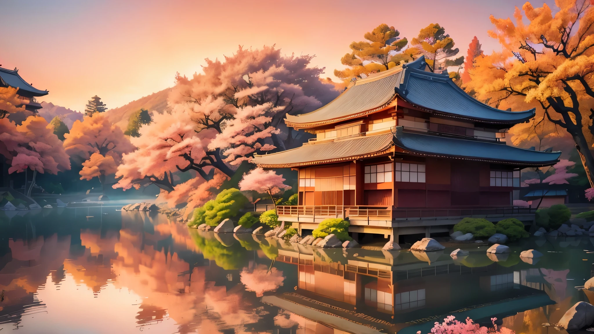 ancient japan, beautiful sakura trees with pink flowers, ancient japanes style houses, 4k realistic, natural beauty, Orange sky, Sunset, bright colors, 4k, masterpiece, 8k pink leaves, orangish-red sky., house in midst of a lake, pagoda type house, extremely detailed, red house, beautiful sky with clouds, hyper realistic