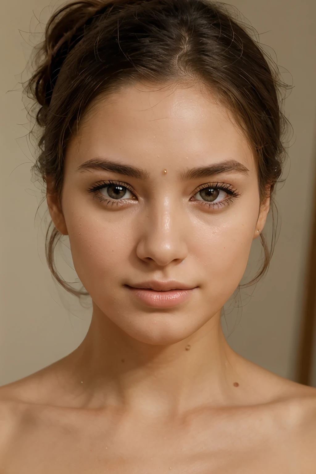 Create a lifelike model of a young woman applying under eye cream. The woman should have a natural and healthy complexion, with clear skin and a subtle glow. Her facial features should be symmetrical and proportionate, with soft and feminine characteristics. She should be depicted in a close-up shot, focusing on her face from the shoulders up. The woman's expression should be relaxed and content, conveying a sense of self-care and pampering.