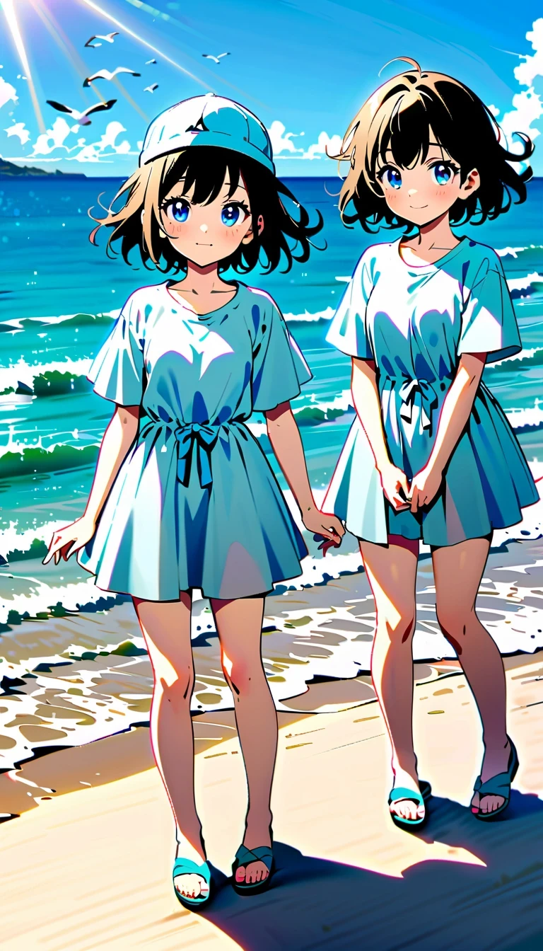 whole body，reflection，Hoshino Katsura style，Anime girl next to sparkling blue sea，Wear a white loose shirt，long eyelashes，beautiful eyes，Exquisite facial features，happy look，messy hair，Beach cap，Seagulls flying，Warm sun exposure，Professional lighting tips，Light and shadow effects
