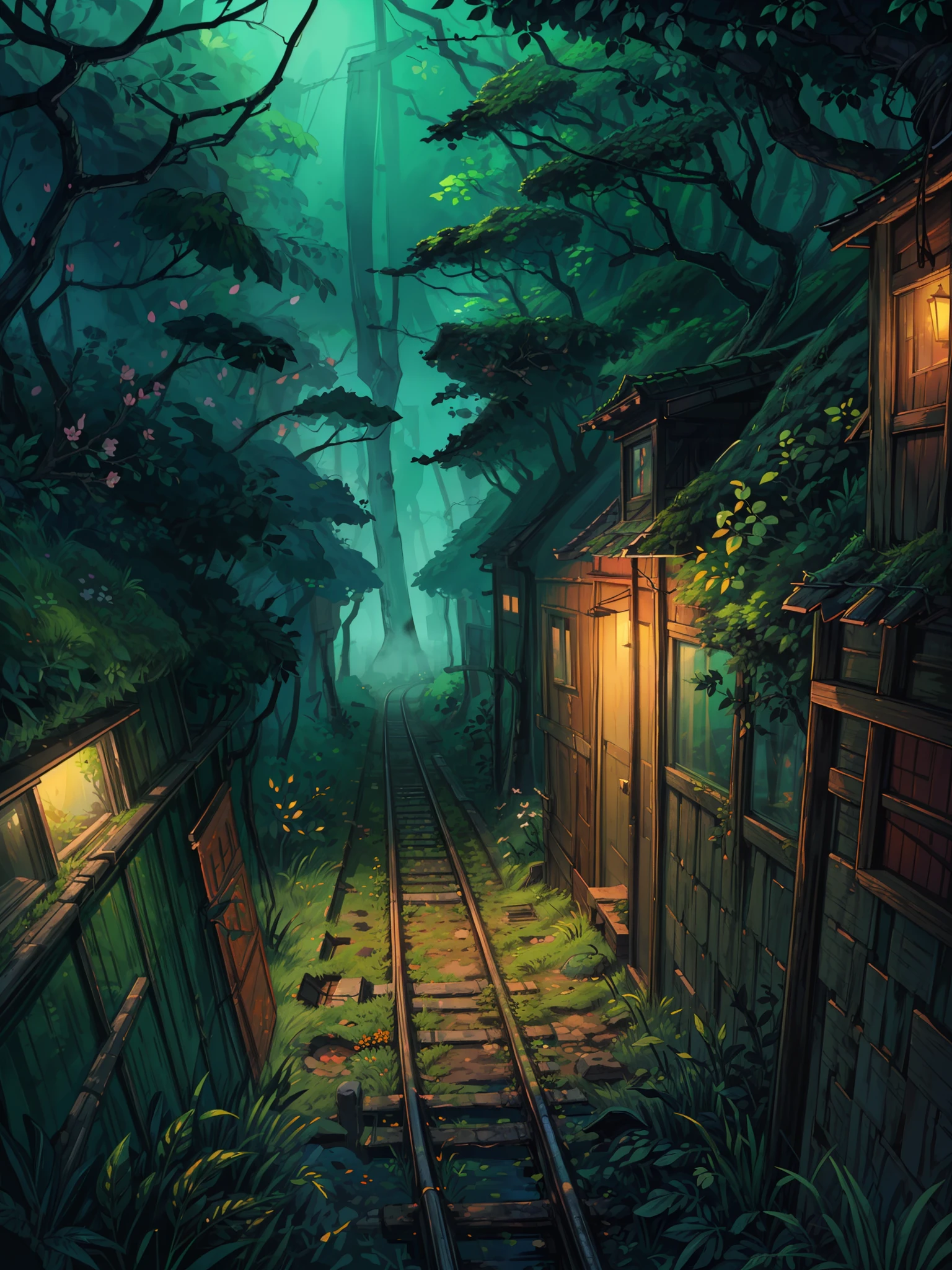 (masterpiece:1), (aerial view:1.8),(an abandoned tracks covered in moss:1.7), (greenery:1.3), (orange trees:1.6), (dense jungle:1.65), silence, (signals:1.5), (nature taking over:1.5), (soft light:1.4), (wild bushes:1.5), magnificent sky, (volumetric light:1.2), peaceful, (flower bushes:1.4), (aesthetically pleasing:1.5),(bright light:1.3), (long grass:1.3), (green foliage :1.5), (nature:1.4), (beautiful aesthetics:1.2), (spring:1.5), (sunny day:1.4) beautiful tones, subtle colors, peaceful, (illustration: 1.0), epic composition, realistic lighting, (no human:1.6), HD details, masterpiece, best quality, ,