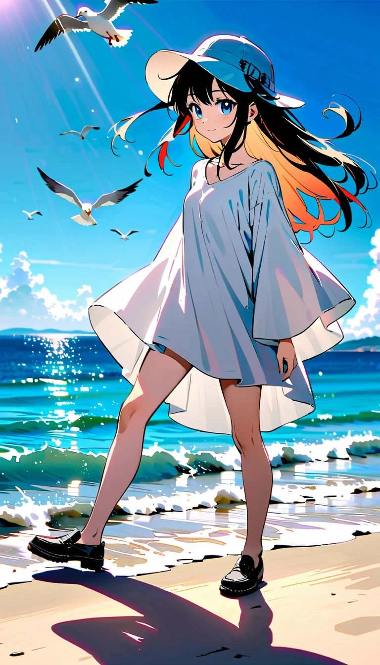 whole body,reflection,Hoshino Katsura style,Anime girl next to sparkling blue sea,Wear a white loose shirt,long eyelashes,beautiful eyes,Exquisite facial features,happy look,messy hair,Beach cap,Seagulls flying,Warm sun exposure,Professional lighting tips,Light and shadow effects