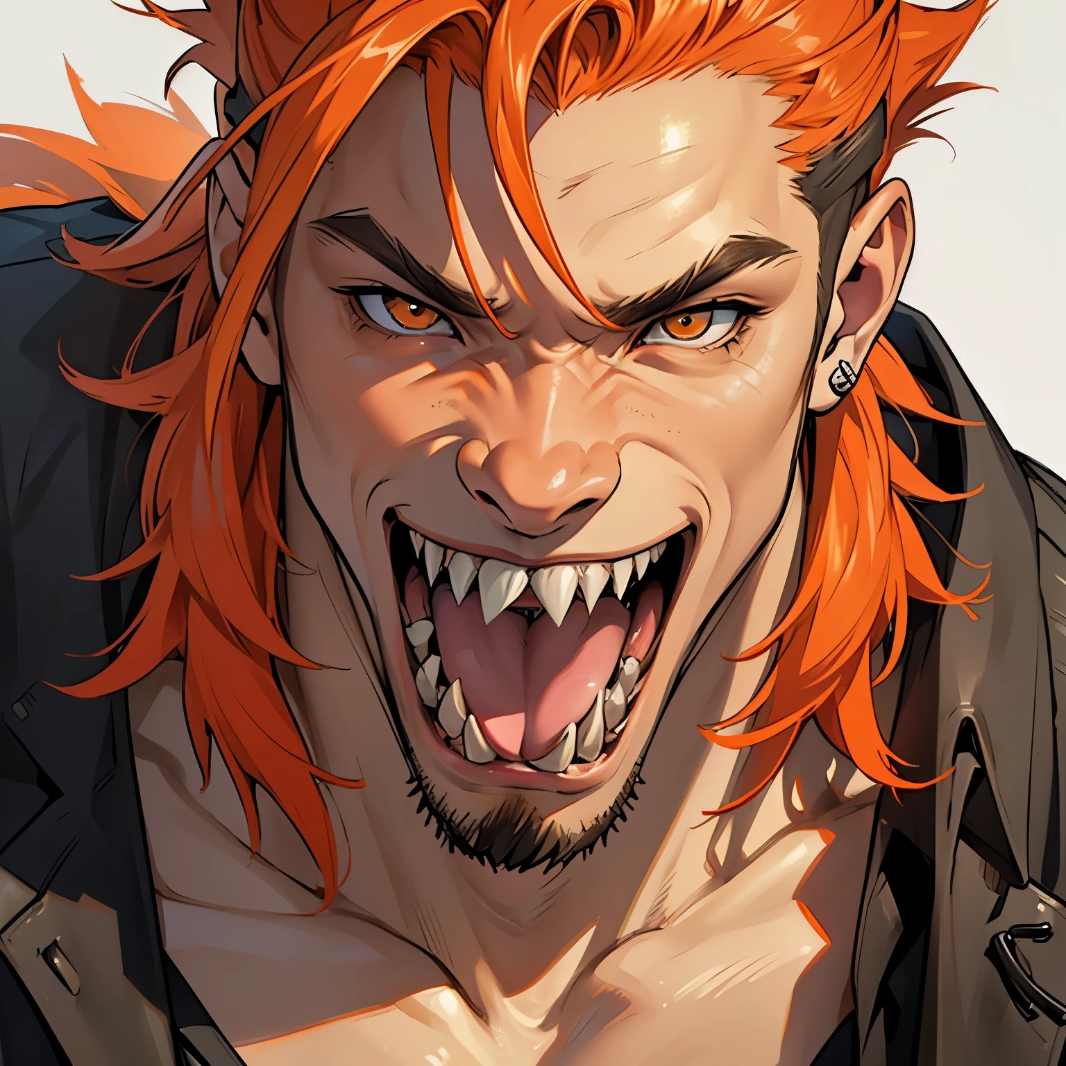(best quality,highres,masterpiece:1.2),ultra-detailed,realistic,anime,orange-haired character with a mullet haircut,sharp teeth,half hyena, young humanoid Gnoll with tongue sticking out