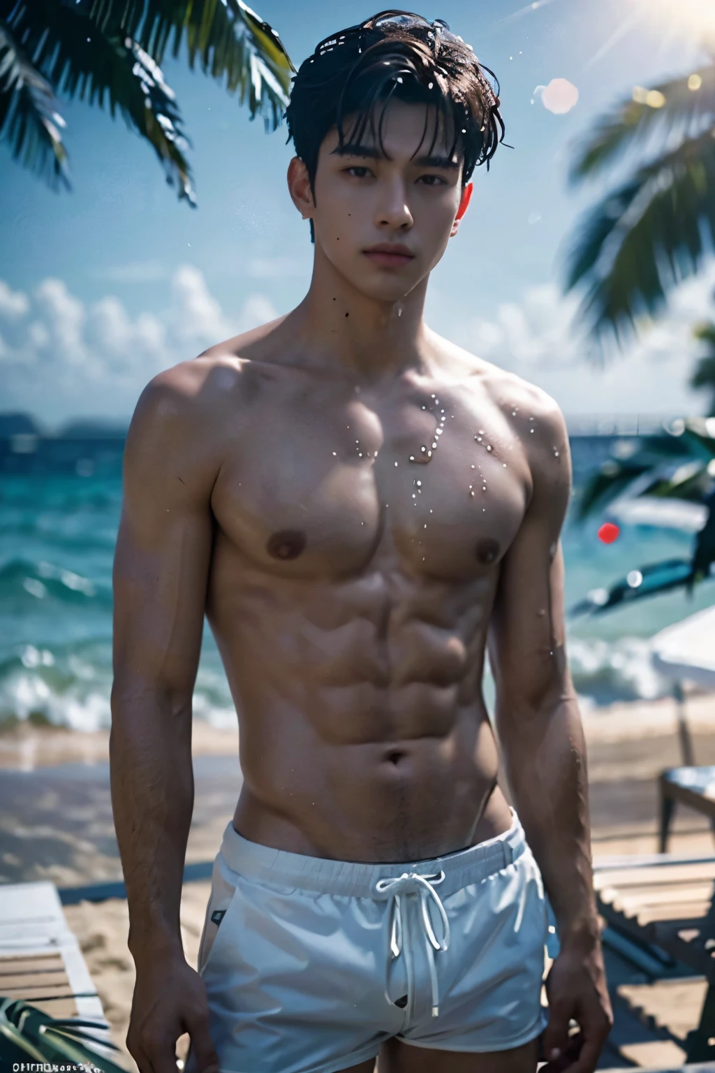 Handsome ager guy,sexy lips,white body,wet body,wet look hairstyle, 30 years old, shirtless,low-waisted shorts,dynamic seductive face, , detailed brown eyes,perfect body shape, film grain:1.5, with a bokeh on summer beach in the background, sun light,masterpiece, best quality, photorealistic, realistic, hyperrealism, soft focus, shallow depth of field, dynamic lighting, 75mm, Technicolor, Panavision, cinemascope, sharp focus, fine details, 8k, HDR, realism, realistic, key visual, film still, cinematic color grading, depth of field, rear projection