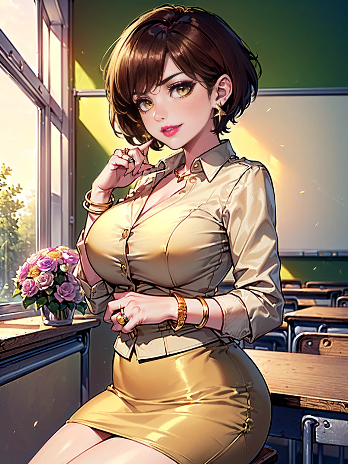 ((woman, very short hair, yellow eyes, brown hair, tomboy, ((choppy pixie)), big breasts, beige suit, beige pencil skirt, satin blouse, black blouse, five white, amethyst earrings, gold bracelet, wedding ring, pink lipstick, smug )), ((teacher, classroom background, business background, windows, sunny day, bushes, trees, flowers, classroom))