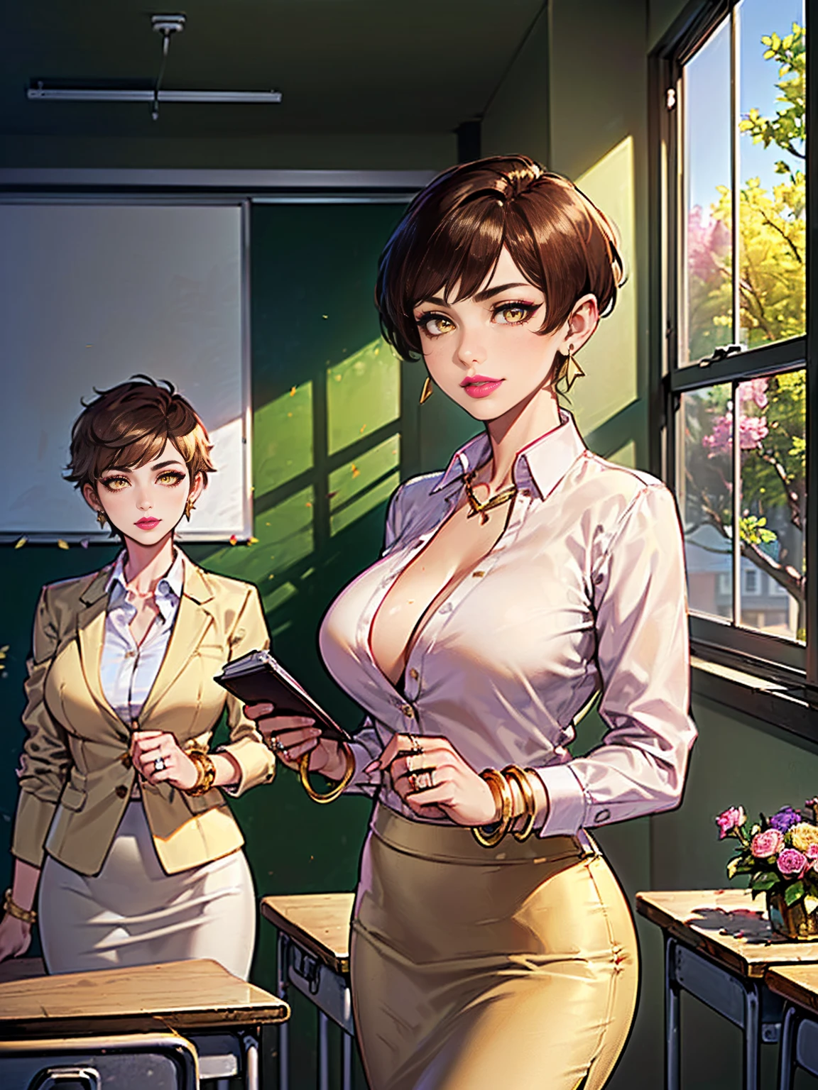 ((woman, very short hair, yellow eyes, brown hair, tomboy, ((choppy pixie)), big breasts, beige suit, beige pencil skirt, satin blouse, black blouse, five white, amethyst earrings, gold bracelet, wedding ring, pink lipstick, smug )), ((teacher, classroom background, business background, windows, sunny day, bushes, trees, flowers, classroom))