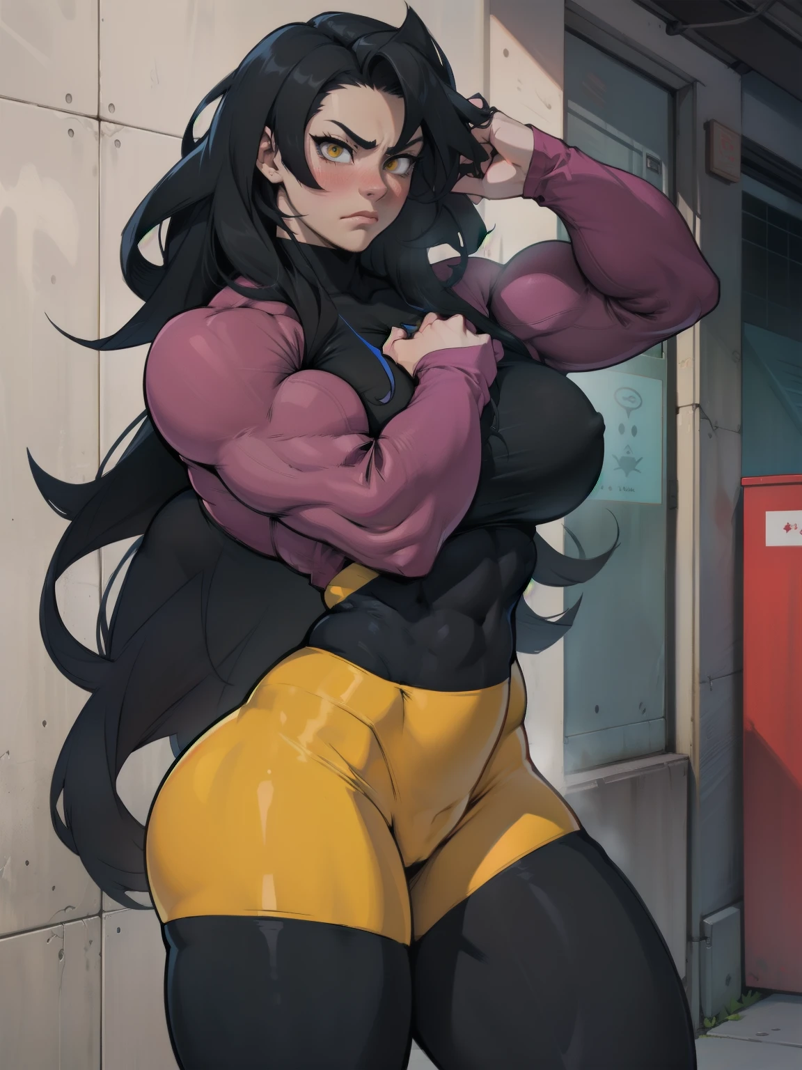 girl muscles huge breasts pale skin very long hair black hair yellow eyes sad blushing solo frown very long hair very long hair leggings tight tshirt long sleeves