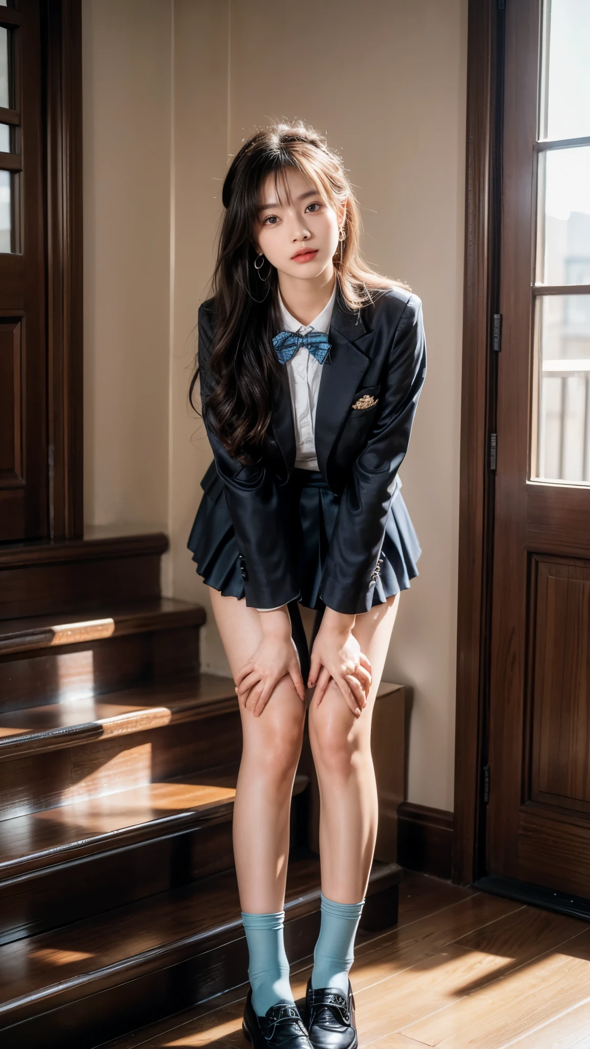(Pure and cute Chinese college student 1.5), (20 years girl student), 8K, Masterpiece, RAW photo, Best quality, Photorealistic, Extremely detailed CG Unity 8K wallpaper, Depth of field, Cinematic light, Lens flare, Ray tracing, (Extremely beautiful face, Beautiful lips, Beautiful eyes), intricate detail face, ((ultra detailed skin)),(true to life,Photorealistic 1.8),((best qualtiy, 8K, tmasterpiece:1.3)),SLR camera (double eyelid,largeeyes:1.3),(smile1.5),(Full body photo 1.5)(One person 1.5)Clear focus 1.2, Perfect body beauty:1.4 , Delicate skin1.1,(Short silver-white hair 1.6),(Delicate makeup1.4),(Pure desire 1.3)(Black pantyhose 1.5)(The leg length is one meter two,1.5),Hair is slightly curled,Black hair, college uniform, ((Uniform silky Cyan blazer and silky black Knee length skirt)), Bow knot,silky black knee length Skirt, Slender legs,canvas shoe,With earrings,Wristband jade bracelet,Standing in luxury Steps, 4 different poses, left hand playing with hair , hair pin in right hand, beautiful knees , no need extra legs, no need extra hands, no need extra fingers, do not show panty, do not expose, no need stockings, no need full thighs show.