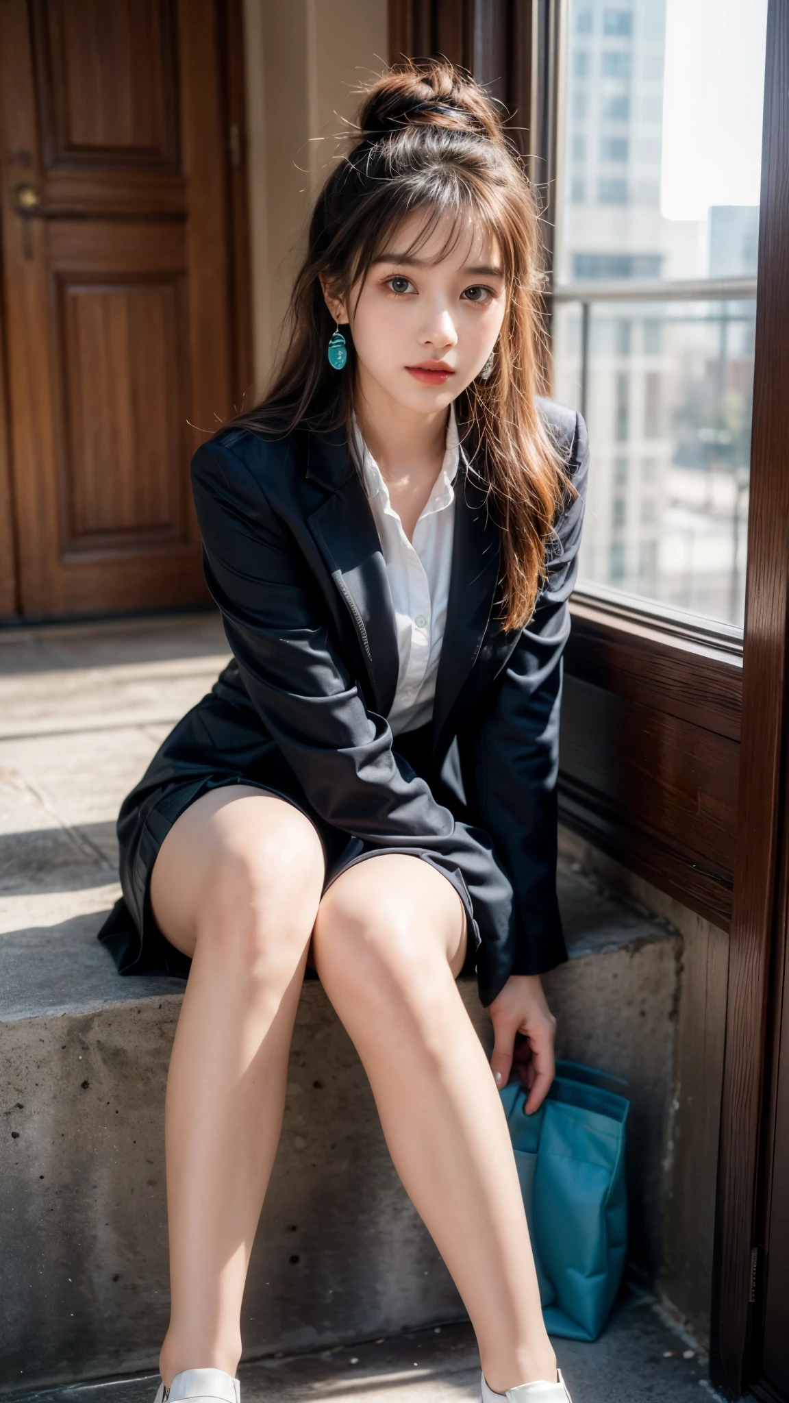 (Pure and cute Chinese college student 1.5), (20 years girl student), 8K, Masterpiece, RAW photo, Best quality, Photorealistic, Extremely detailed CG Unity 8K wallpaper, Depth of field, Cinematic light, Lens flare, Ray tracing, (Extremely beautiful face, Beautiful lips, Beautiful eyes), intricate detail face, ((ultra detailed skin)),(true to life,Photorealistic 1.8),((best qualtiy, 8K, tmasterpiece:1.3)),SLR camera (double eyelid,largeeyes:1.3),(smile1.5),(Full body photo 1.5)(One person 1.5)Clear focus 1.2, Perfect body beauty:1.4 , Delicate skin1.1,(Short silver-white hair 1.6),(Delicate makeup1.4),(Pure desire 1.3)(Black pantyhose 1.5)(The leg length is one meter two,1.5),Hair is slightly curled,Black hair, college uniform, ((Uniform silky Cyan blazer and silky black Knee length skirt)), Bow knot,silky black knee length Skirt, Slender legs,canvas shoe,With earrings,Wristband jade bracelet,Standing in luxury Steps, 4 different poses, left hand playing with hair , hair pin in right hand, beautiful knees , no need extra legs, no need extra hands, no need extra fingers, do not show panty, do not expose, no need stockings, no need full thighs show.