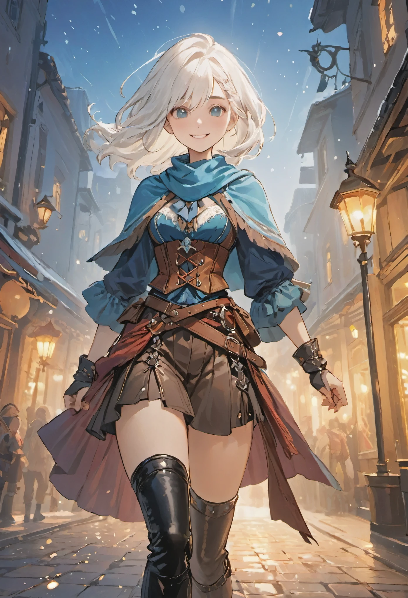 ((medium white hair)), sparkling pure white hair, smile, female adventurer, game art style, (masterpiece), (colorful clothing), scarves, leather belts, half skirt over pants and boots, flowing blouse and leather corset, best quality, highres, 4k, 8k, Detailed Illustration, intricate detail, cinematic lighting, amazing quality, 1girl, fit female, amazing shading, soft lighting, facing camera, perfect eyes