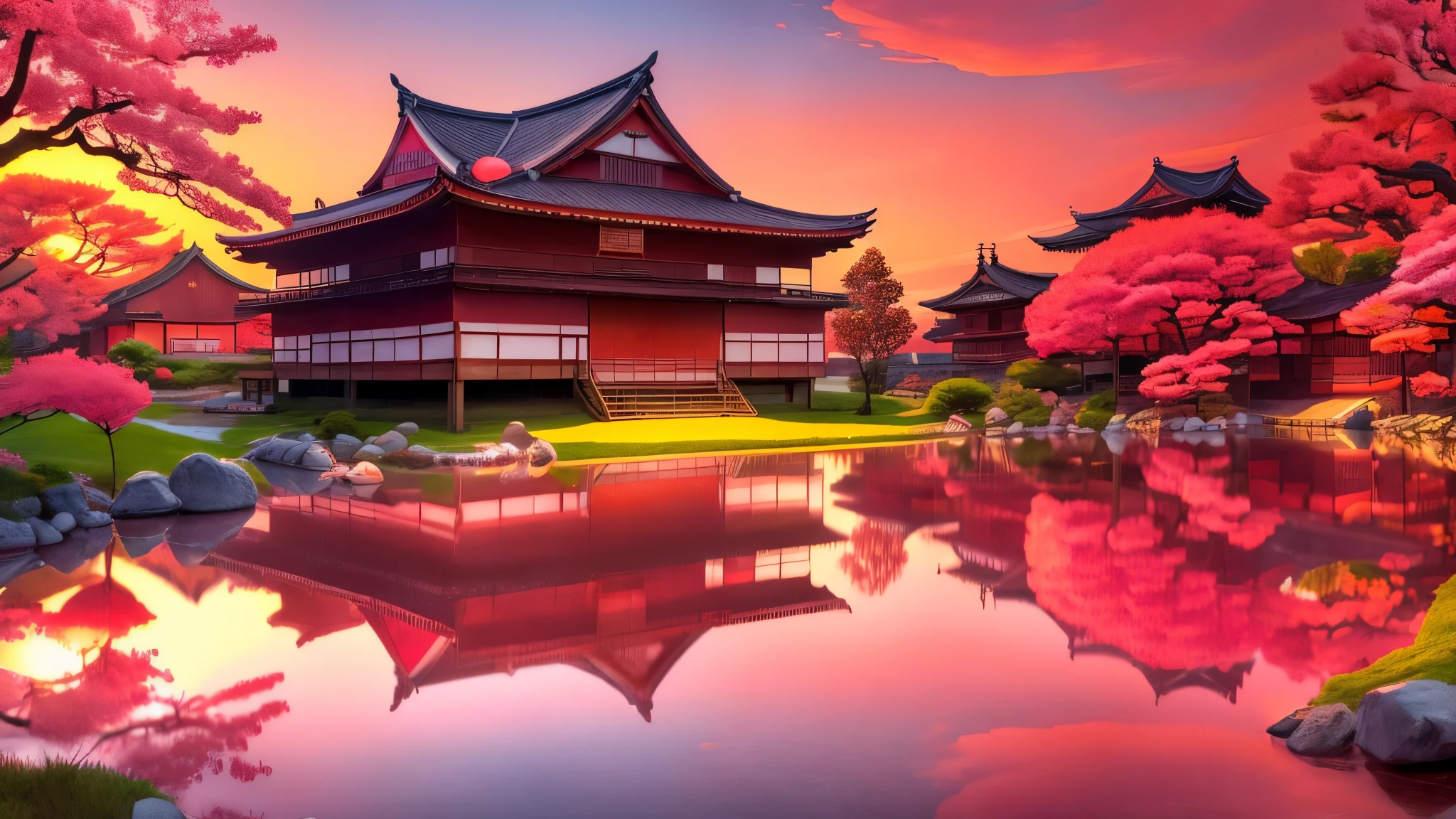 ancient japan, beautiful sakura trees with pink flowers, ancient japanese style houses, 4k realistic, natural beauty, Orange sky, Sunset, best colors, 4k, masterpiece, 8k, pink leaves, orangish-red sky, house in midst of a lake, pagoda type house, brilliant sky, with hyper realistic clouds