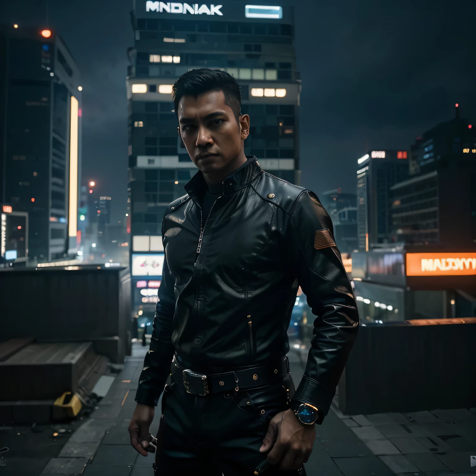 cyber pun Indonesia man,(top-quality、8K、32K、masterpiece)、(The ultra -The high-definition)、(Photorealsitic:1.4), dynamic pose, cowboy shot, cyberpunk fashion,depth of fields, cyberpunk city background, cinematic lighting