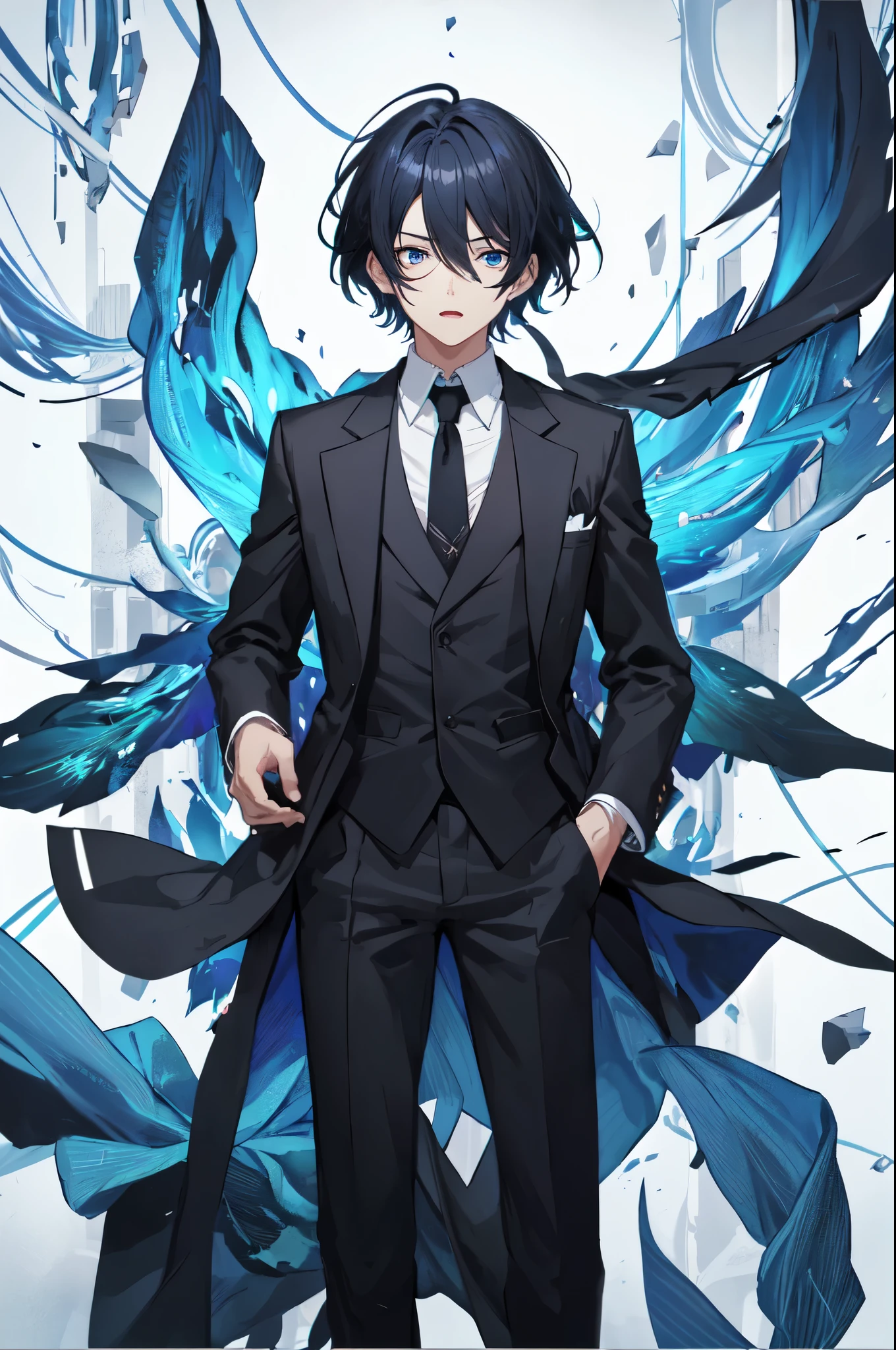 male,middle-aged,open mouth,lamentation,black hair,Asymmetrical hair, blue gradient hair,wearing suit,blue eyes,from front,white background,Ultra high resolution,Ultra high detail
