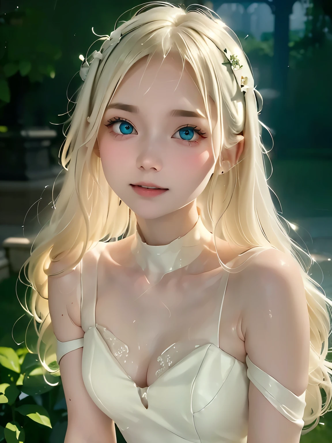 (high quality, High resolution, small details), (midnight:1.3), (dark background:1.3), white dress, ghost-like figure, fog garden, unforgettably beautiful, fantastic lighting, soft pastel colors, alone, curvaceous woman, blonde, (pale glowing eyes:1.5), (fine eyes:1.2), grin and laugh, Sweat, oily skin, shallow depth of field
