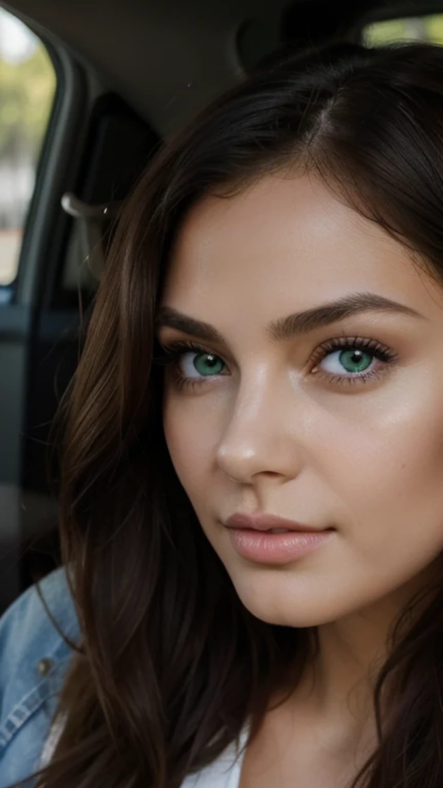 masterpiece, 8k, high resolution, foto realistic, photorealistic, realistic, top quality, photorealistic, RAW, skin texture, film grain, best shadow,(a hyper realistic), best quality, high resolution, extremely detailed, skin with pores, skin texture, texture, soft lighting, photography of a stunning girl, real life, dark brunette hair, long hair, hot girl, (((heavy bust))), green eyes, bright face, super beauty , big lips, plump lips, surgery nose, tiny nose, little nose, magnificent look, looks natural, detailed eyes, looks into the camera, symmetrical face, facing straight ahead, girl, in the car, wearing jean, and cap with celine logo, natural make up, day light, full body view
