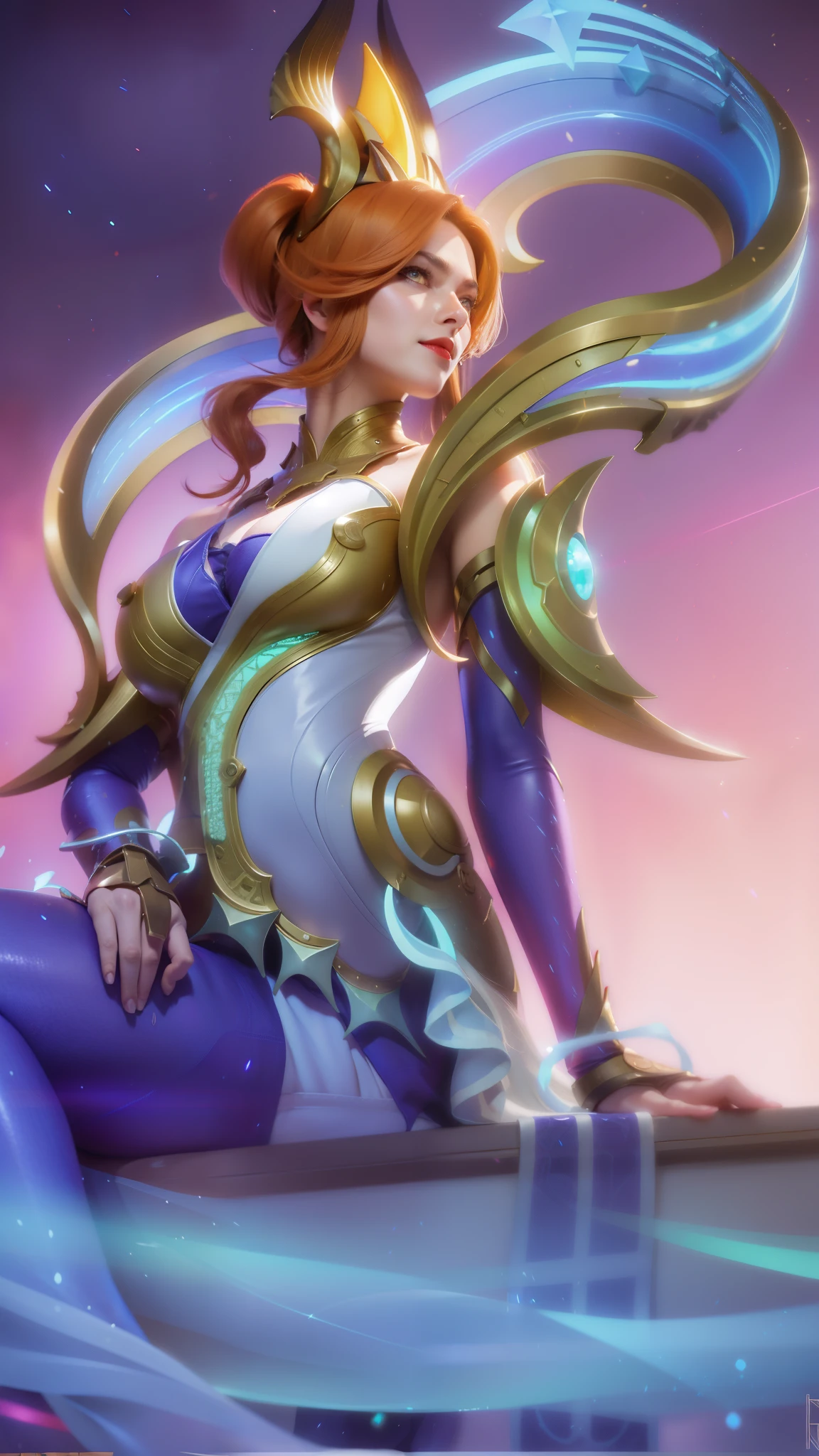 (female:1.2), 8k, ultra hd, ultra detailed texture, hyper realistic, masterpiece, detailed texture, detailed face, detailed skin, detailed lighting, (photorealistic:1.5), best quality, beautiful lighting, cinematic lighting, professional lighting, ultra highres, realistic, detailed hair, real hair, high quality, (realskin:1.5), extremely detailed, finely detail, ultra-detailed, 1girl, solo, standing, demon horns, (yellow eyes:1.5), v-shapped eyebrow, lips, red lips, evil smile, nose, make up, pretty, beautiful, long hair, blonde hair, high ponytail, large breasts, cleavage, armpit, navel, stomach, black armor, pauldrons, bare shoulders, shoulder armor, thigh high, sleevless, detached sleeves, breastplate, gauntlets, karina \(mobile legends\), depth of field, looking aways, white skin, skin tight, amazing pose, outdoors, glowing, dark view