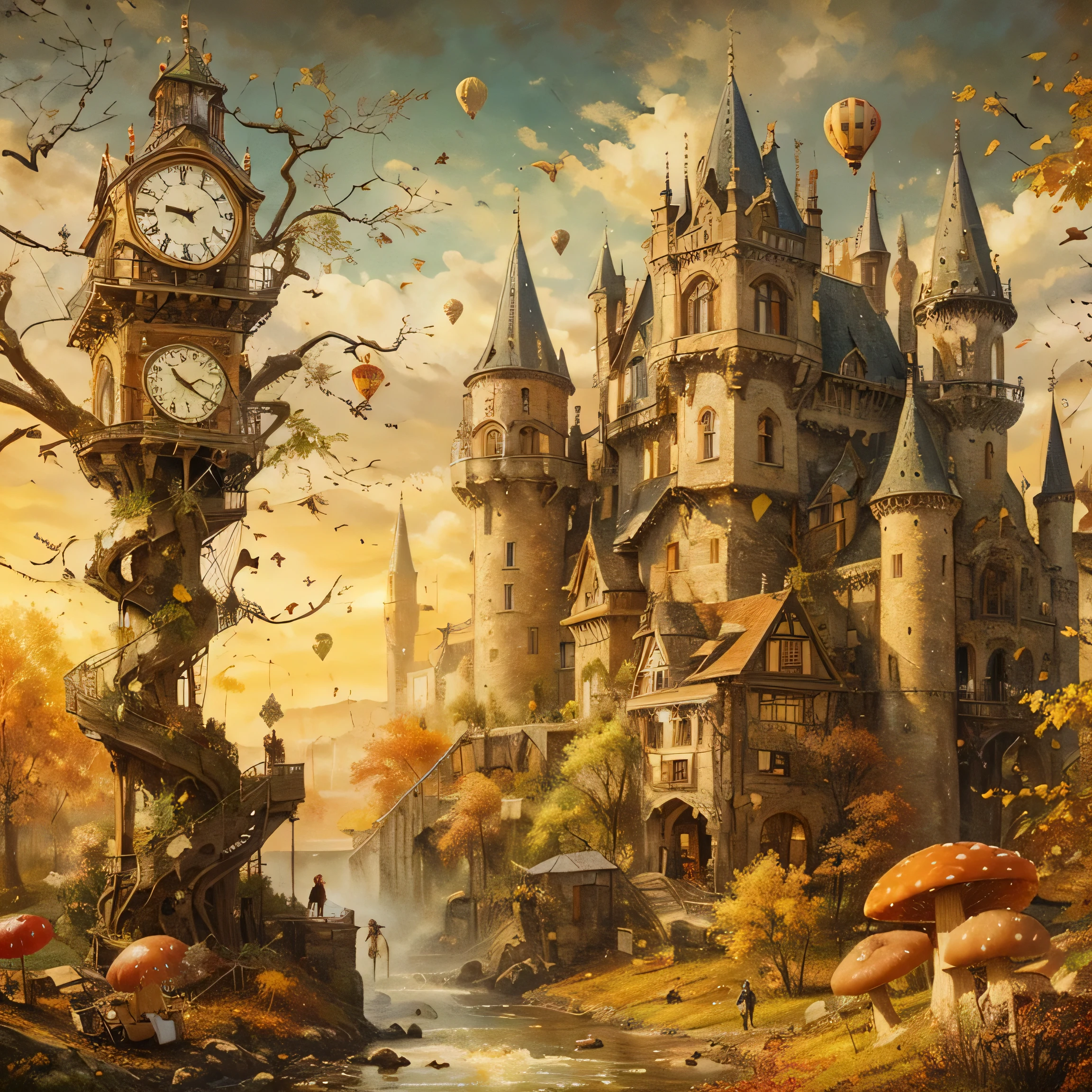 old castle with melting clocks, crooked oak tree branches stretched out, autumn leaves blowing, whimsical mushrooms steampunk theme, whimsical tall houses, small birds in flight, paint splatter, Textured painterly fantasy artistic. Oil paint splashes intuitive. Muted colours impressionist oil painting, day break scene with soft brush strokes, atmospheric, high quality, impressionist, realistic image. Gold, silver yellow and green, with hot air balloons and red mushrooms