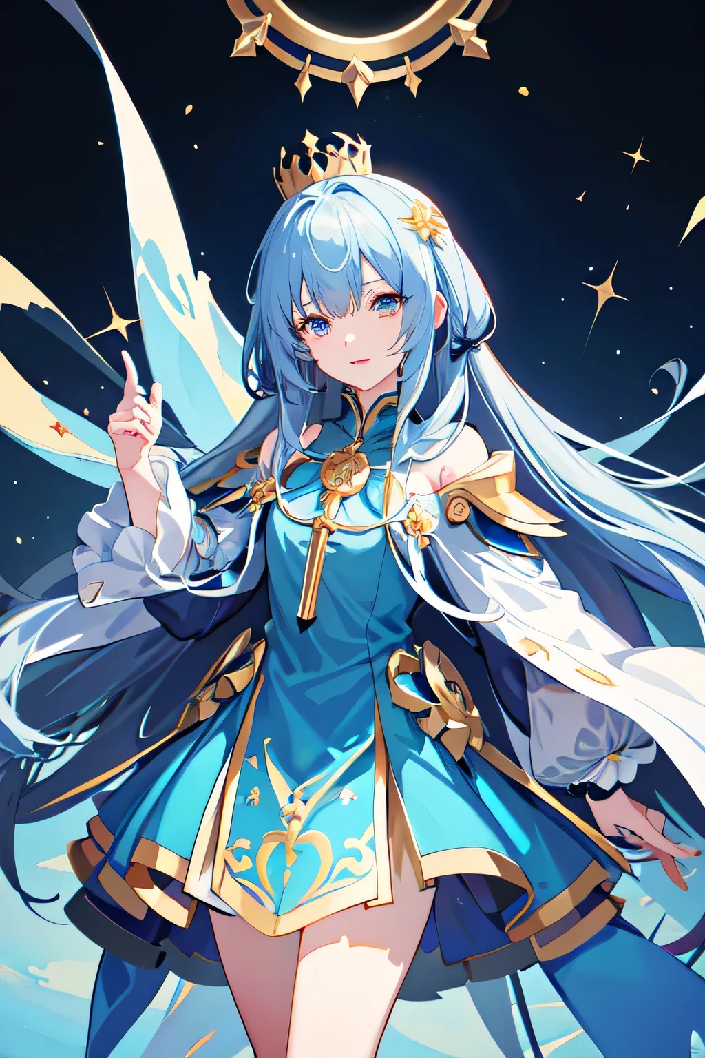 wearing blue dress、Anime girl wearing blue cloak and golden crown, Popular topics on artstation pixiv, Very detailed official artwork, anime goddess, Anime Art Wallpaper 8k, Detailed digital animation art, Detailed key animation art, Ayaka original god impact, Zodiac girl knight portrait, Beautiful celestial mage, 8k high quality detailed art, Anime Art Wallpaper 4k