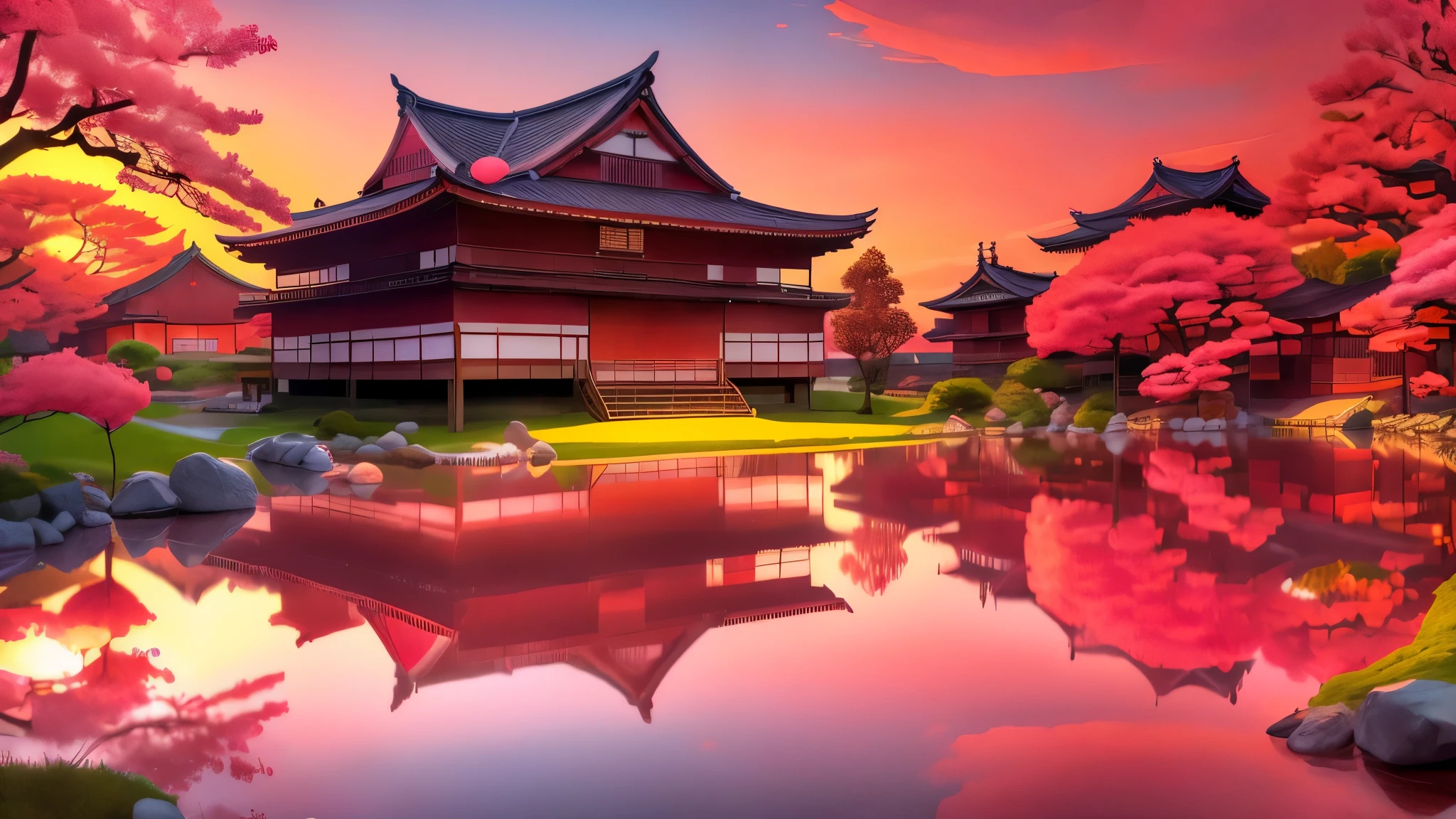 ancient japan, beautiful sakura trees with pink flowers, ancient japanese style houses, 4k realistic, natural beauty, Orange sky, Sunset, best colors, 4k, masterpiece, 8k, pink leaves, orangish-red sky, house in midst of a lake, pagoda type house, brilliant sky, with hyper realistic clouds, less pink color