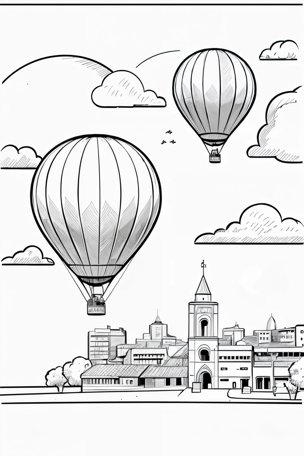 Coloring book for kids, no lines inside of the drawing, one hot air balloon in the sky, sunny day, a bird in the sky, cartoon, full body, outline of the drawing in bold line, white background, ancient city background image, b/w outline, line art, sketch style, white space