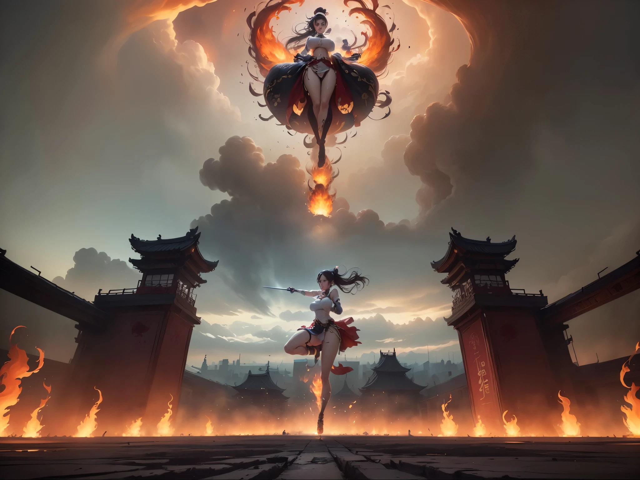 ((epic composition，Ancient battlefield of China，A woman in elegant white clothes with a high ponytail holding a long sword，woman jumps up，floating in the air，Photographed from below，Corpses everywhere，Rich scene details，siege，Smoke was everywhere，In the distance is the tall city gate，The flames illuminate the sky red，))，((anatomically correct，8k, super detail, UHD, masterpiece, super detail, high details, high quality, award winning, best quality, highres, 1080P, HD, 4K, 8k, ccurate))